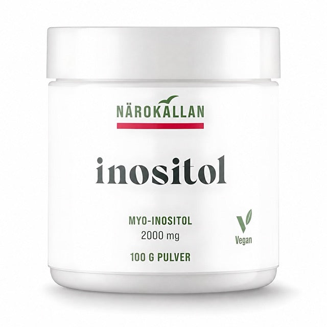 Närokällan Inositol 100 g myo-inositol i pulverform i en vit burk med gröna detaljer., bild 1 av 1