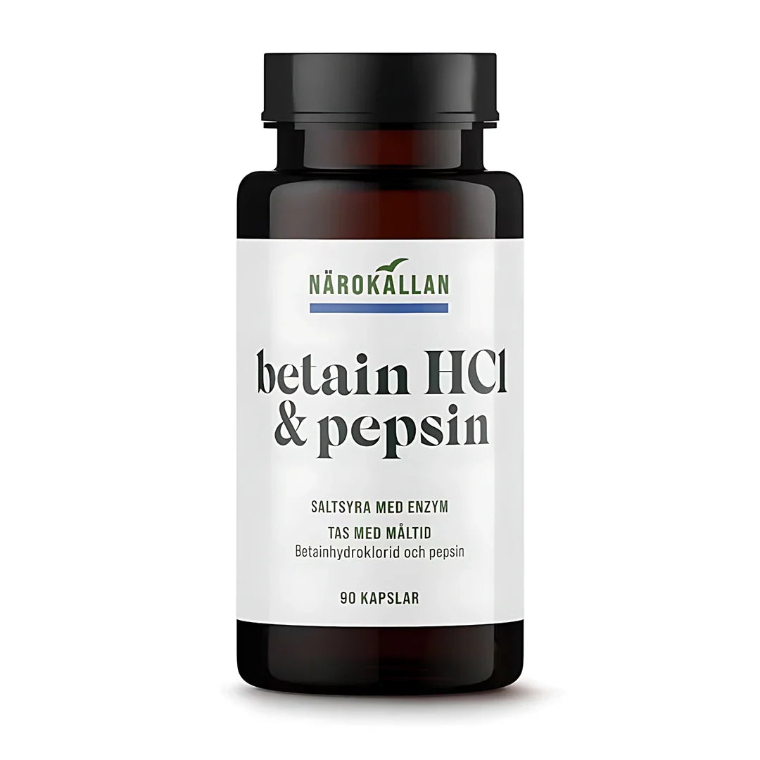 Närokällan Betain HCL pepsin 90 caps kosttillskott i en mörkbrun burk med vit etikett., bild 1 av 1