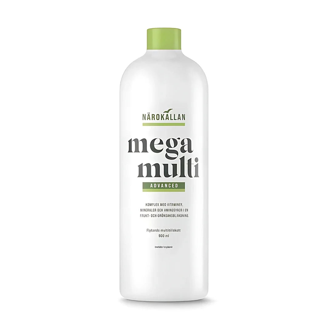 Närokällan Mega Multi Advanced 900 ml flytande multivitamintillskott i en vit flaska med gröna detaljer., bild 1 av 1
