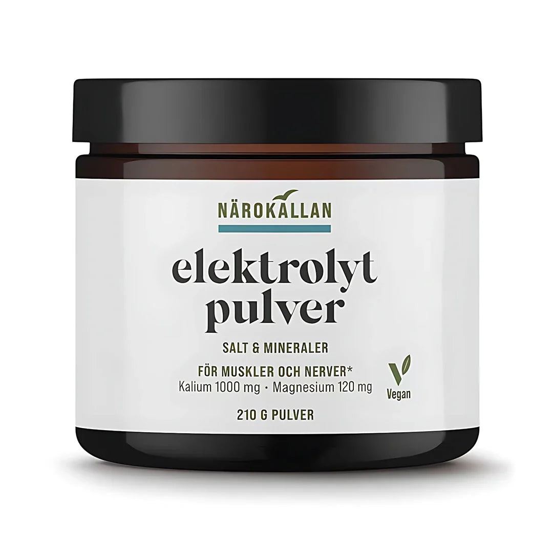 Närokällan Elektrolytpulver 210 g i en mörk burk med svart lock och vit etikett, ett veganskt kosttillskott för muskler och nerver., bild 1 av 1
