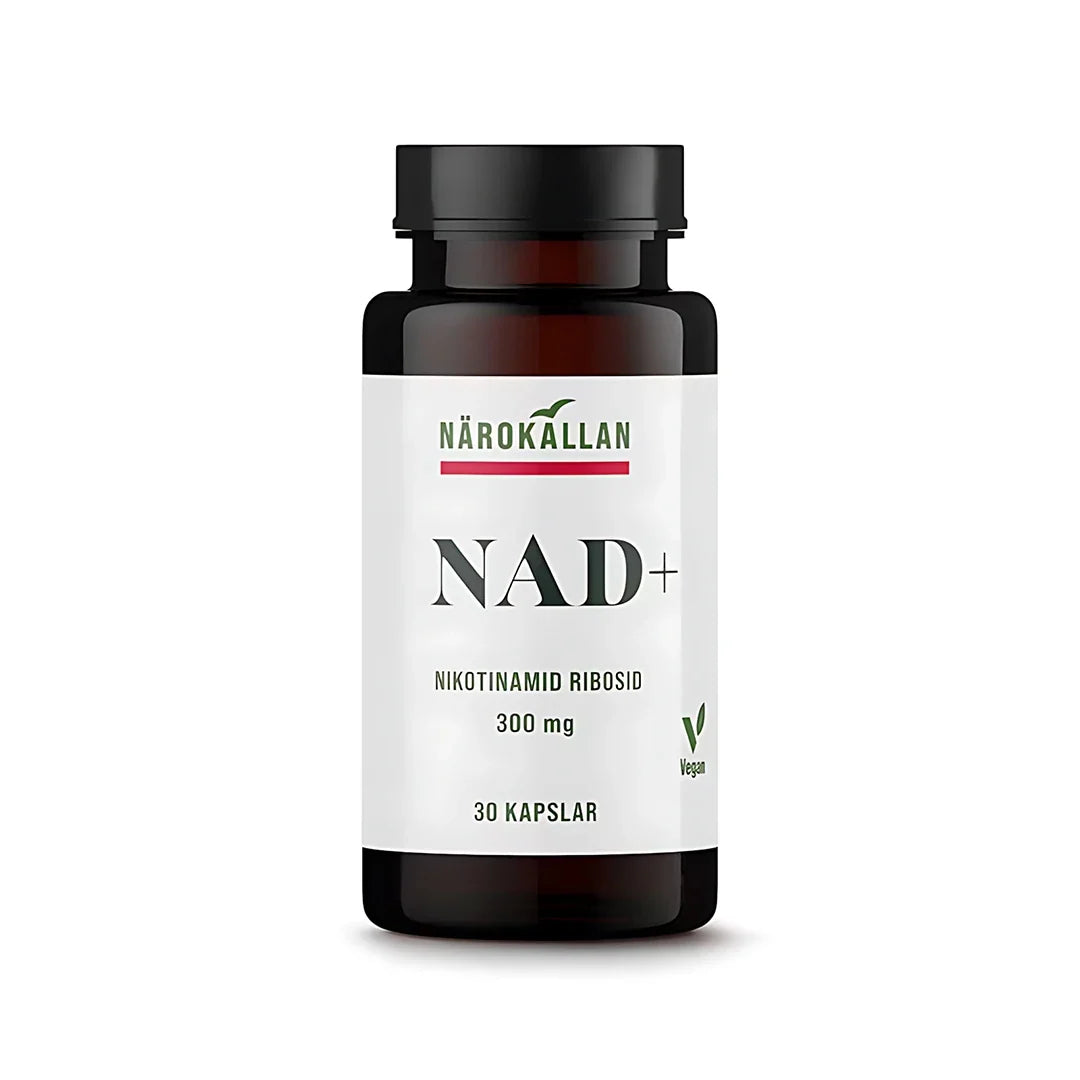 Närokällan NAD+ 30 caps kosttillskott i en brun burk med vit etikett och vegansk märkning., bild 1 av 1