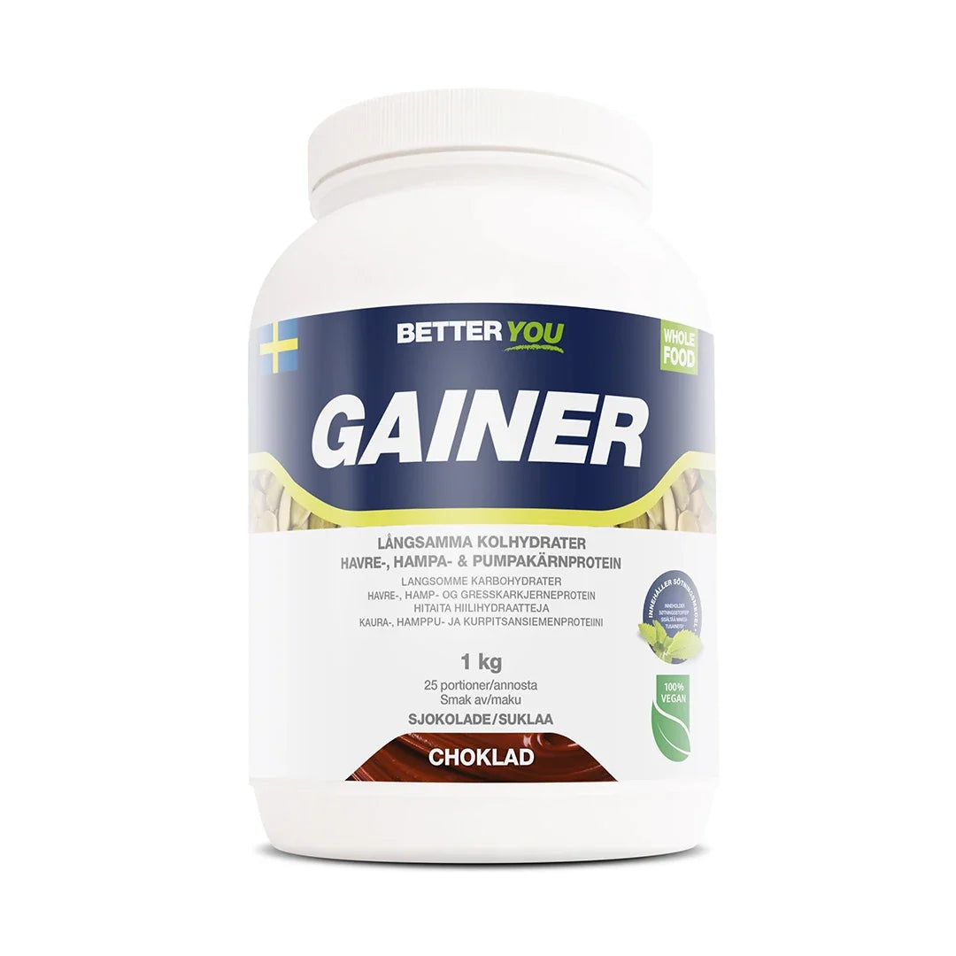 Better You Whole Food Gainer 1kg vegansk gainer i en vit burk med blå och gröna detaljer för smaken Choklad.