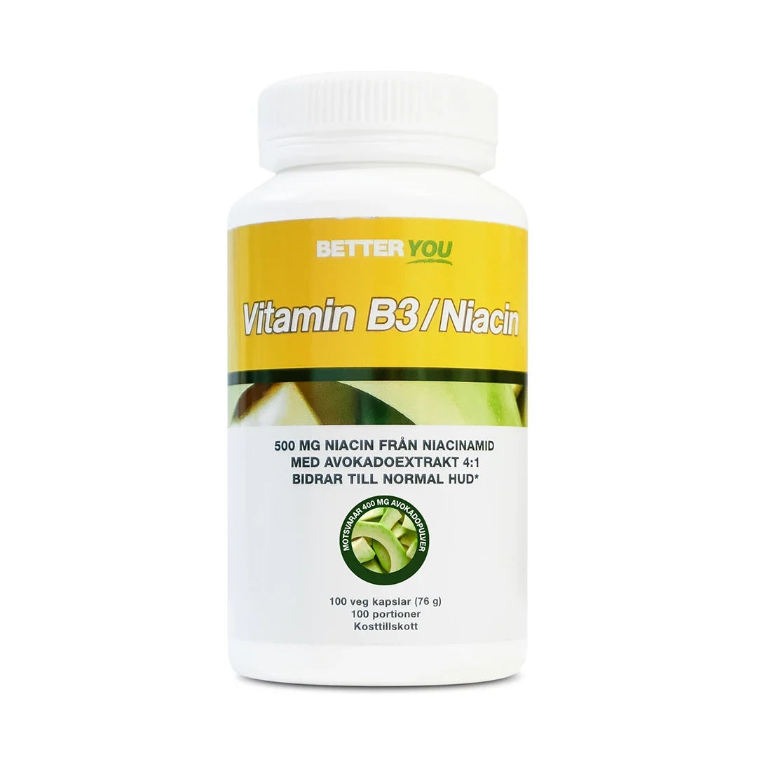 Better You Vitamin B3 / Niacin - 100 caps förpackad i en vit burk med gul etikett och gröna avokadodetaljer.