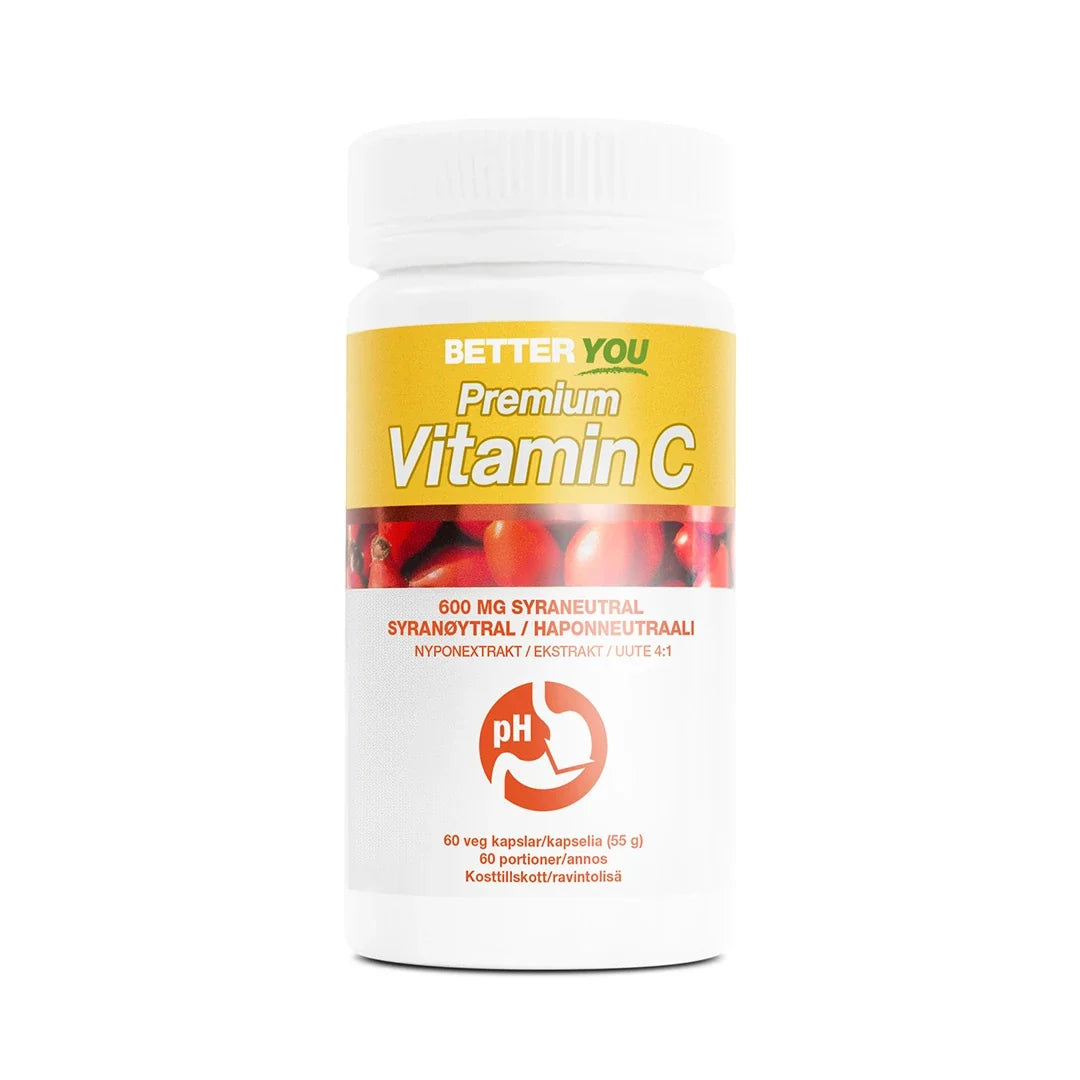 Better You Premium Vitamin C - 60 kaps i en vit burk med gul etikett och röda detaljer av nypon.