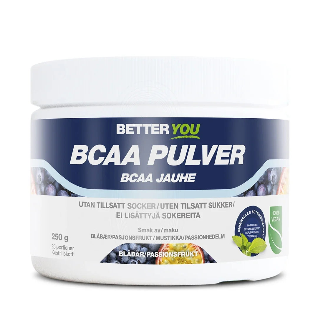 Better You Naturligt BCAA Pulver 250 g i en vit burk med blå etikett, smak av blåbär och passionsfrukt.