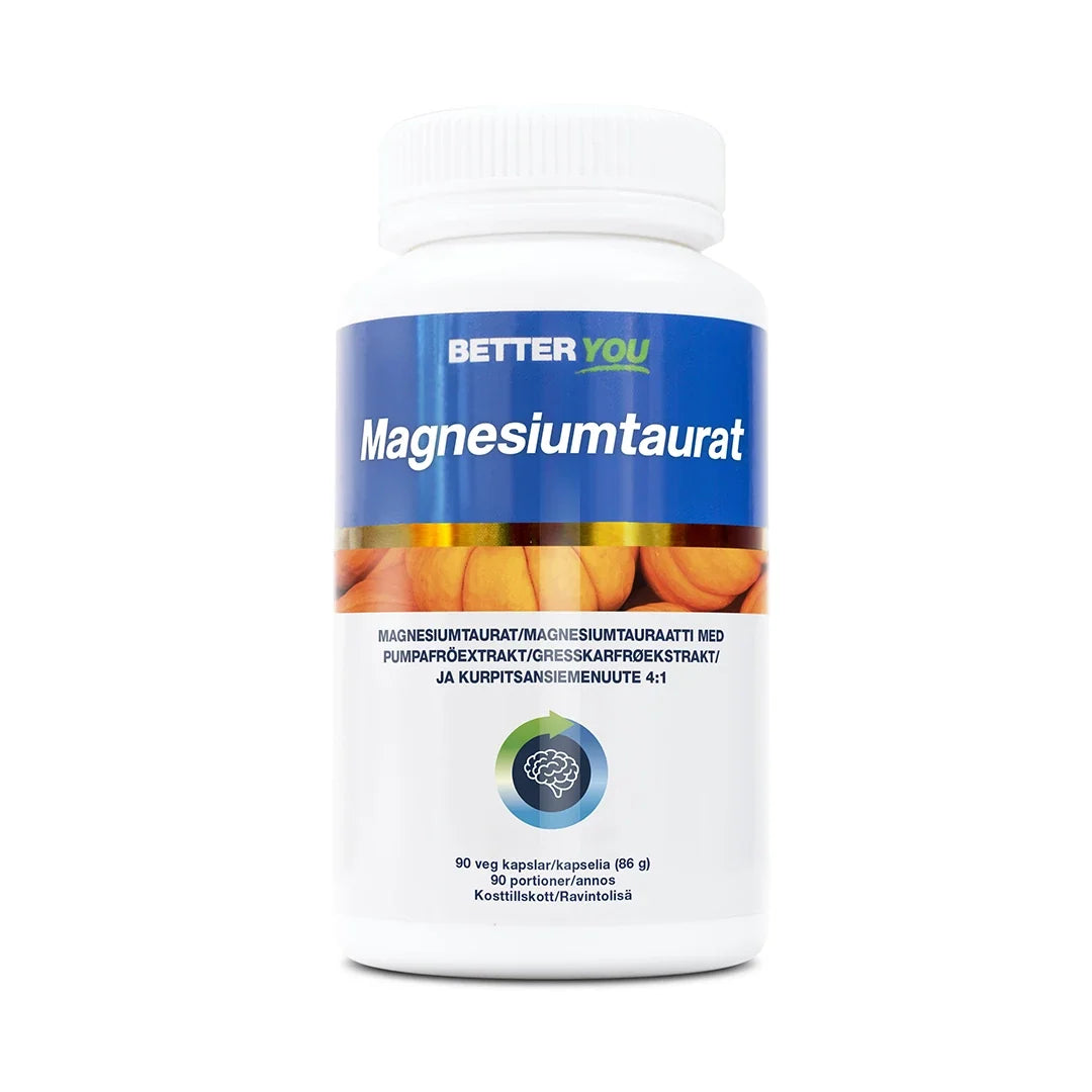 Better You Magnesiumtaurat - 90 kaps i en vit plastburk med blå etikett och bilder på pumpor.