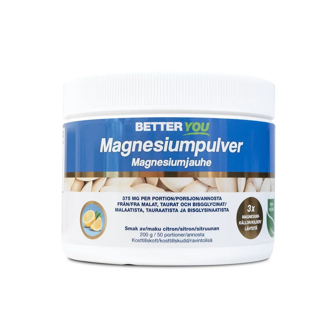 Better You Magnesiumpulver 200 g kosttillskott, förpackad i en vit burk med blå etikett och citronsmak., bild 1 av 1