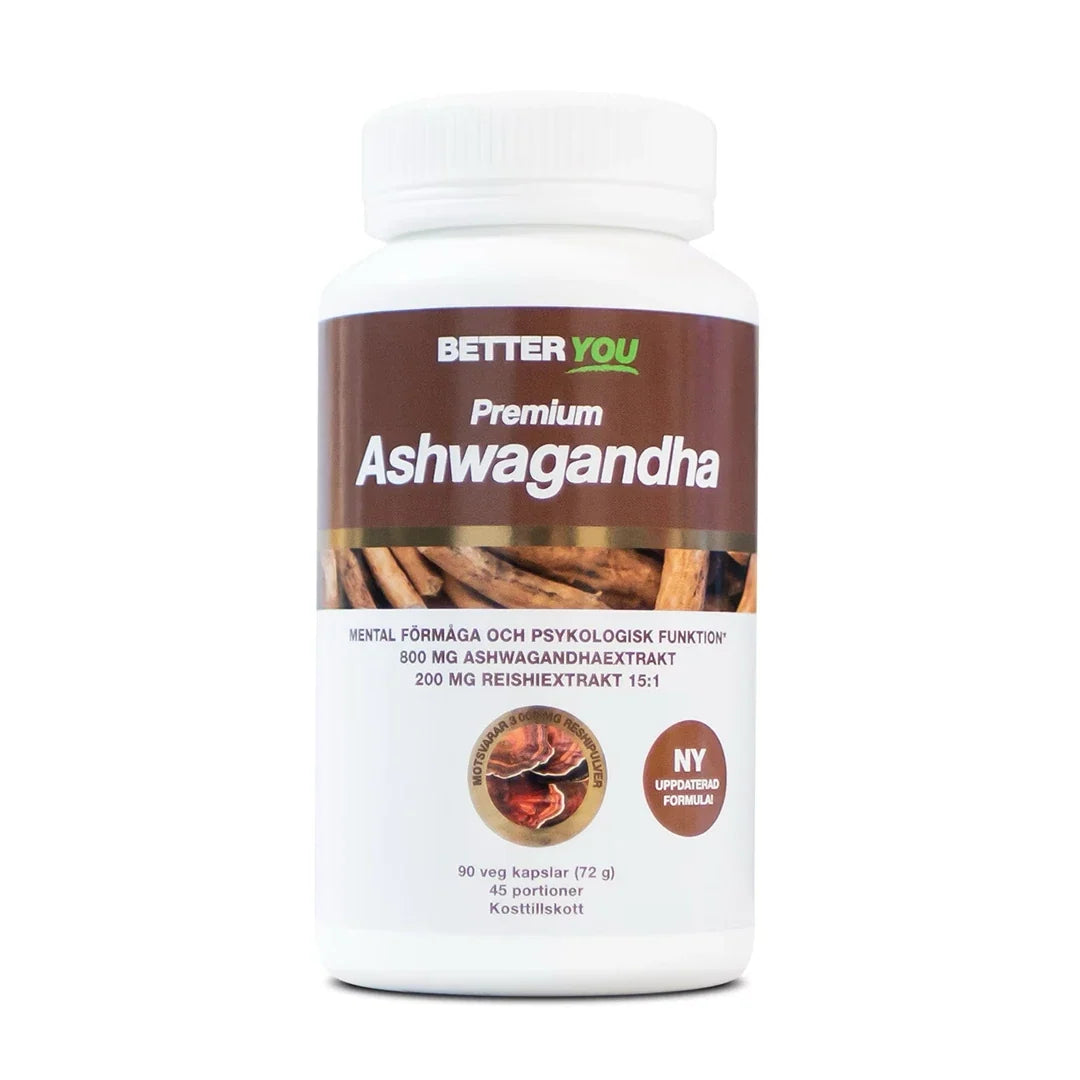 Better You Premium Ashwagandha 90 caps i en vit plastburk med brun etikett och bild på ashwagandharötter.