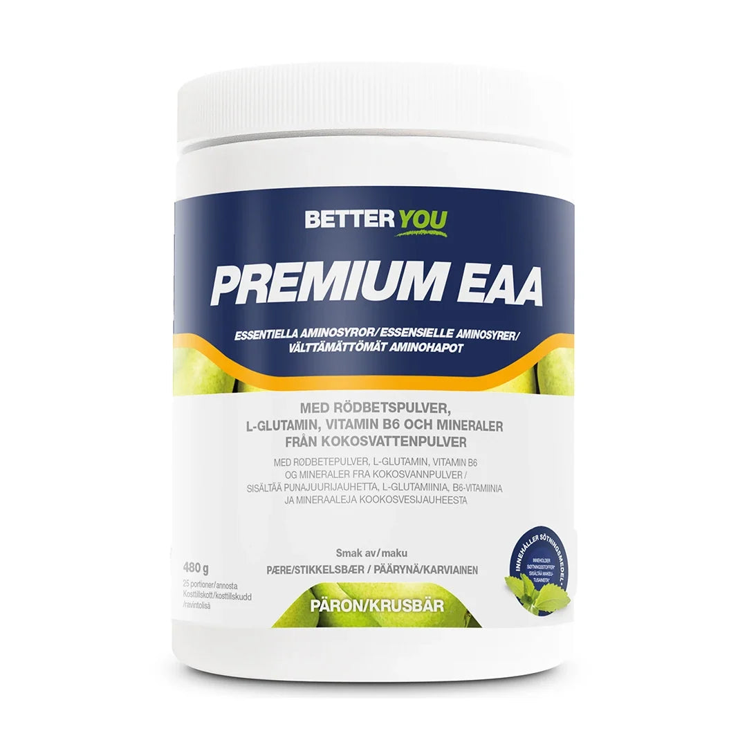Better You Premium EAA 480 g aminosyror i en vit burk med blå och gröna detaljer för smaken Päron Krusbär.