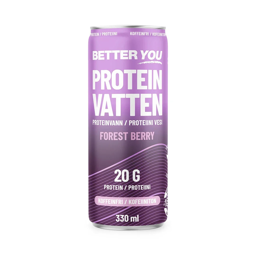 Better You Proteinvatten 330 ml i en lila burk med vita detaljer för den koffeinfria smaken Forest Berry., bild 1 av 4