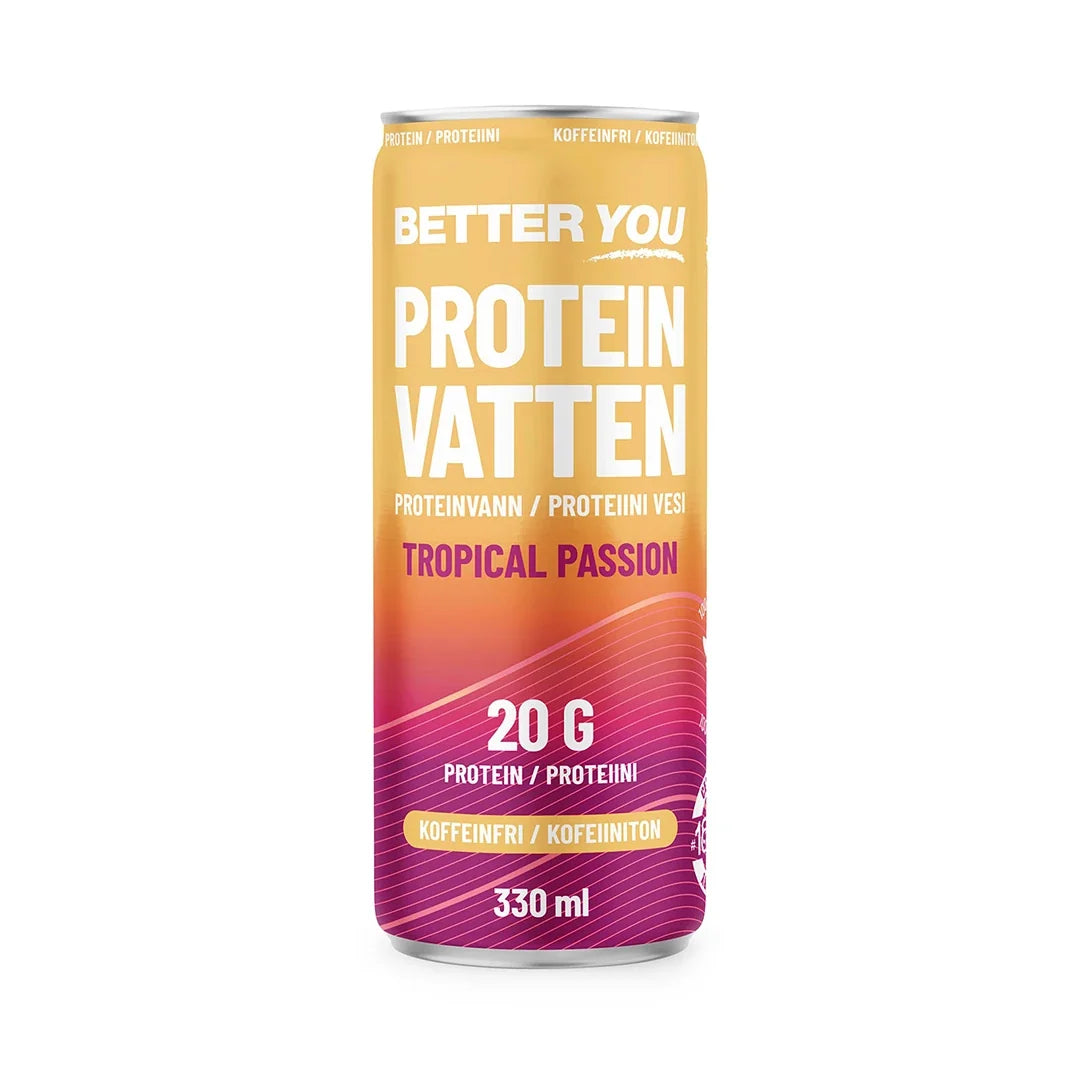 Better You Proteinvatten 330 ml i en orange och rosa burk för den koffeinfria smaken Tropical Passion., bild 3 av 4