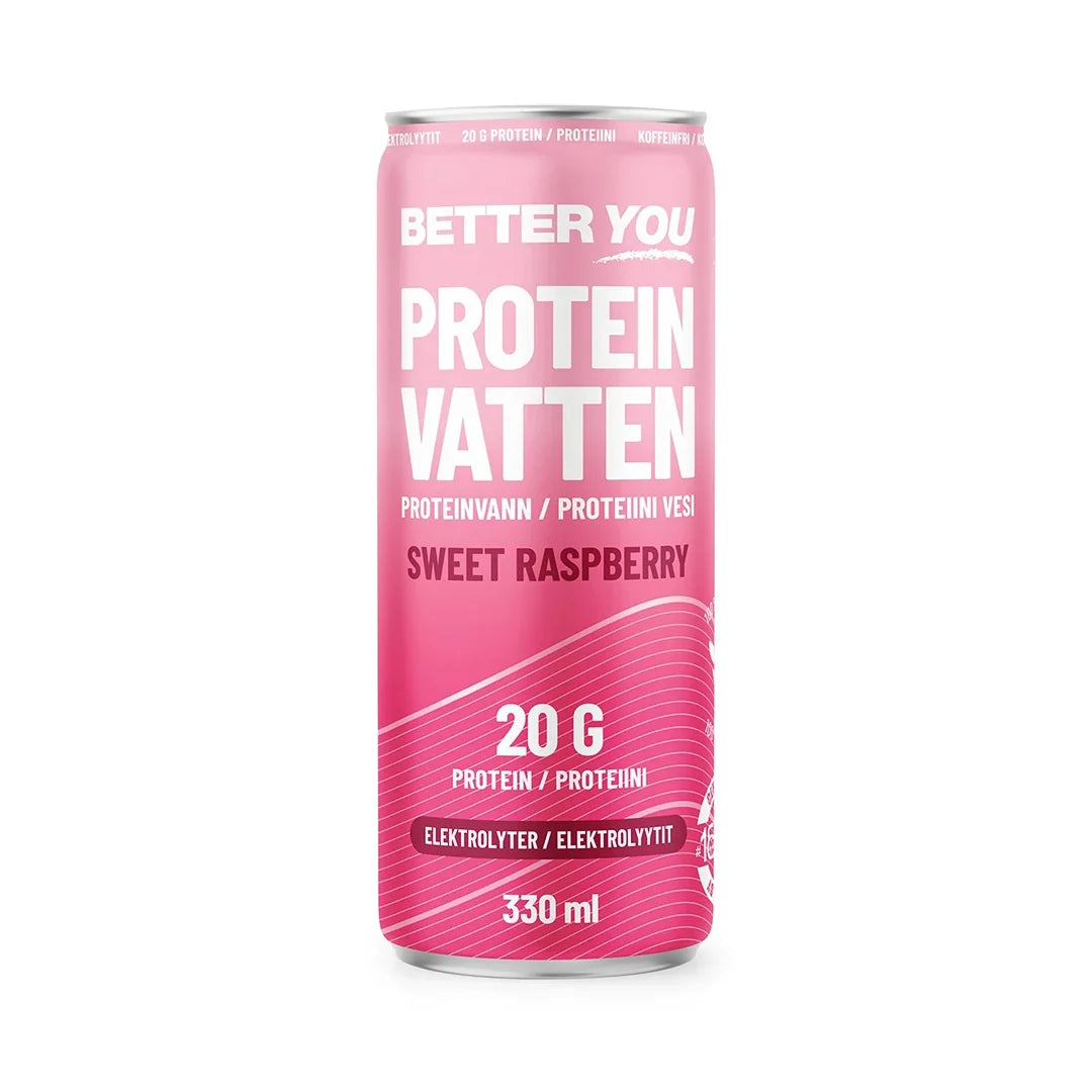 Better You Proteinvatten 330 ml proteindryck i en rosa burk med vit text och smaken Sweet Raspberry., bild 4 av 4