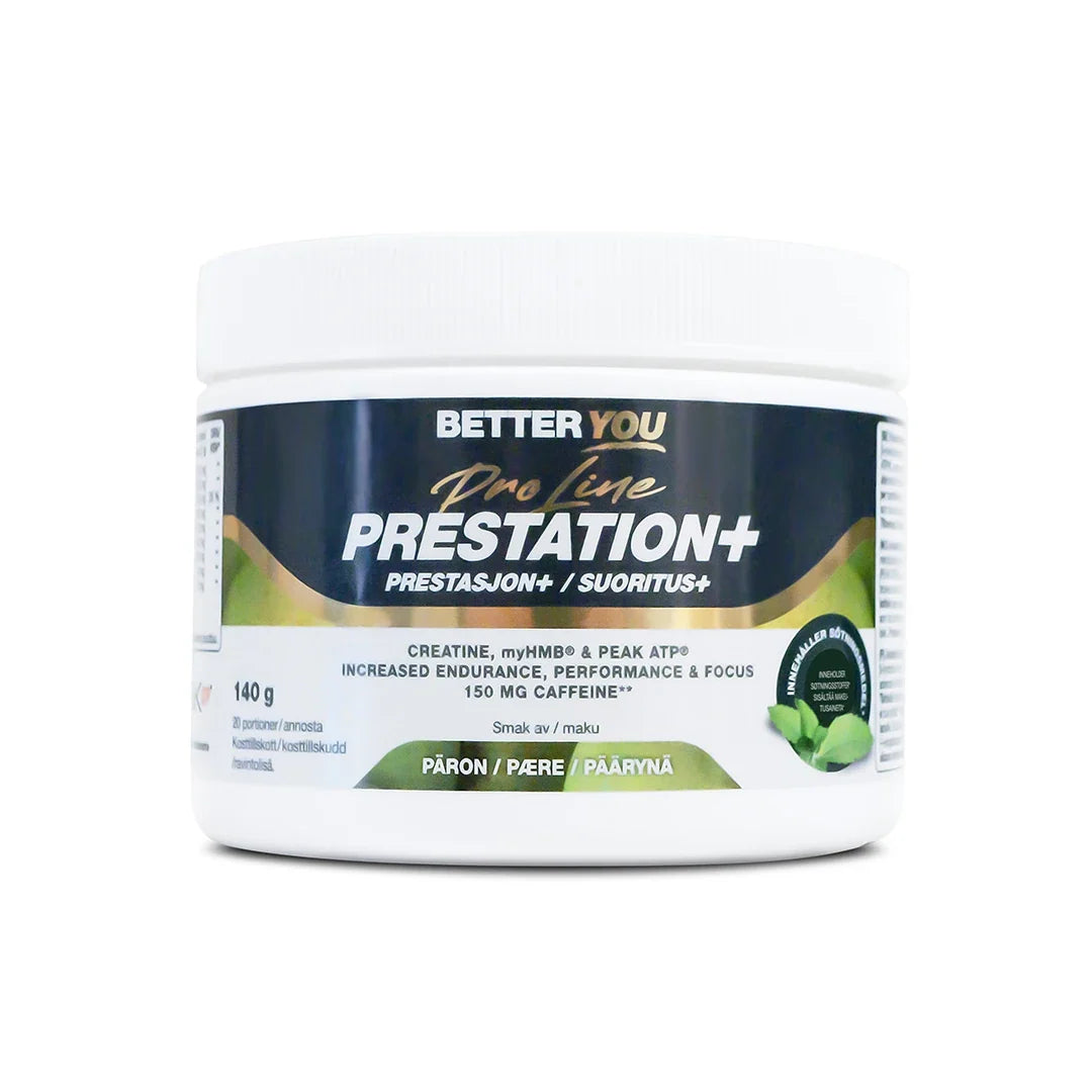Better You Prestation Plus 140 g prestationshöjare i pulverform, förpackad i en vit burk med päronsmak., bild 1 av 1