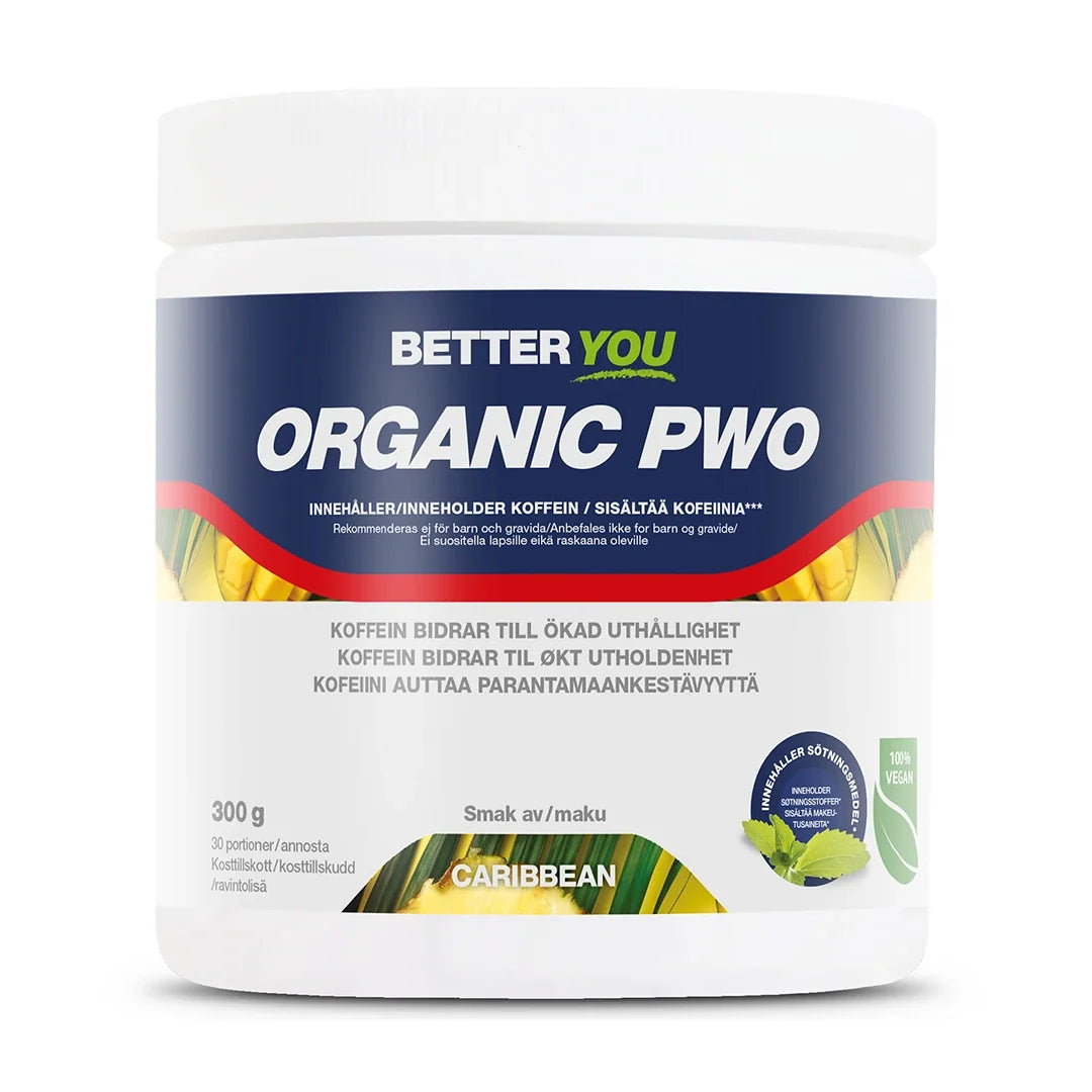 Better You Organic PWO 300 g pre-workout i pulverform, förpackad i en vit burk med smaken Caribbean.