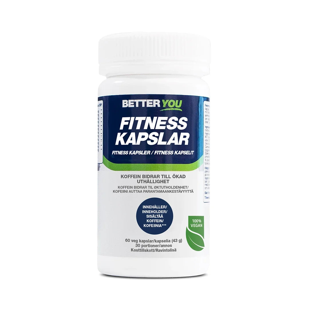Vit burk med blå och grön etikett innehållande Better You Fitness Kapslar med koffein 60 caps för ökad uthållighet., bild 1 av 1