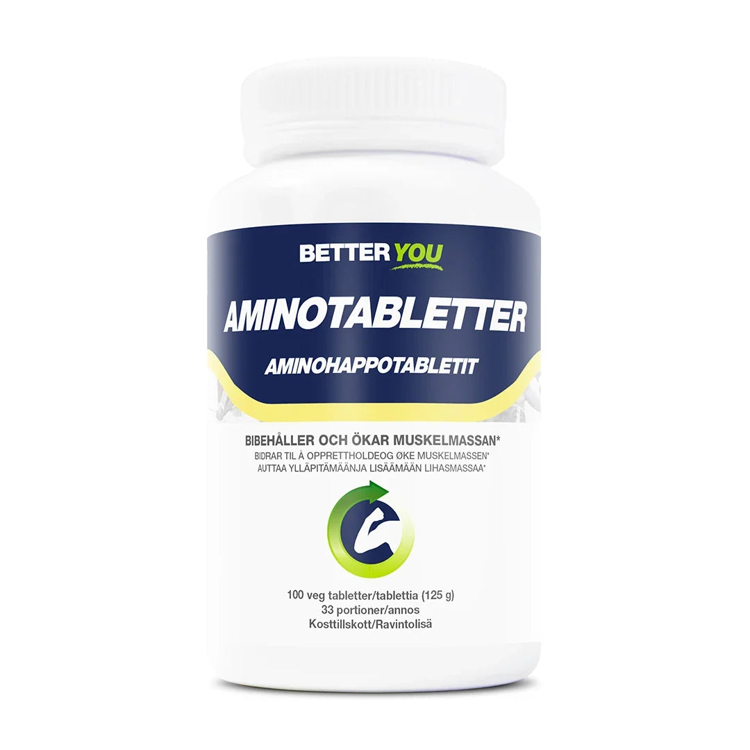 Better You Amino Tabletter 100 tabs aminosyratillskott i en vit burk med mörkblå och gröna detaljer.