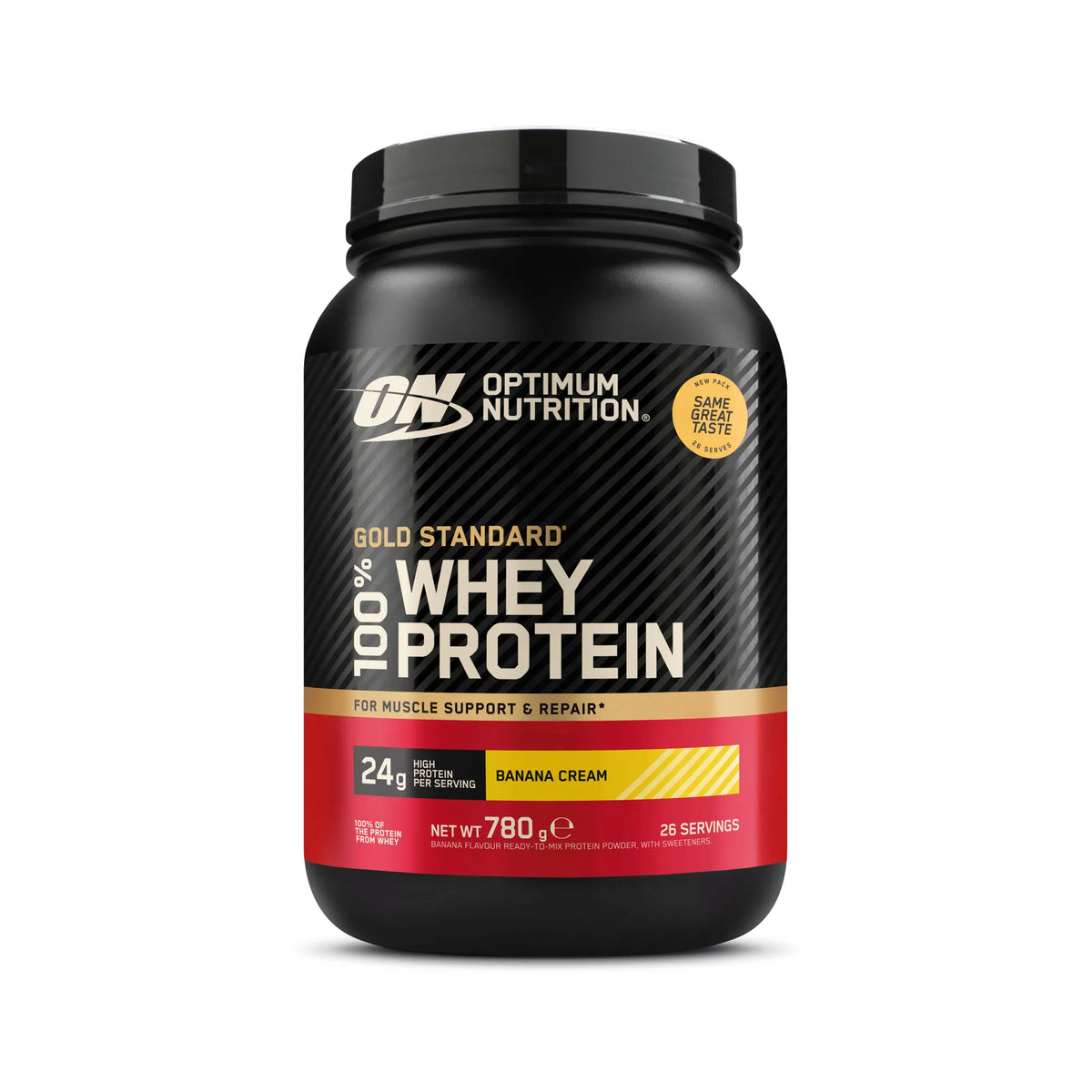 Optimum Nutrition 100% Whey Gold Standard 775 g proteinpulver i en svart burk med röda detaljer för smaken Banana.