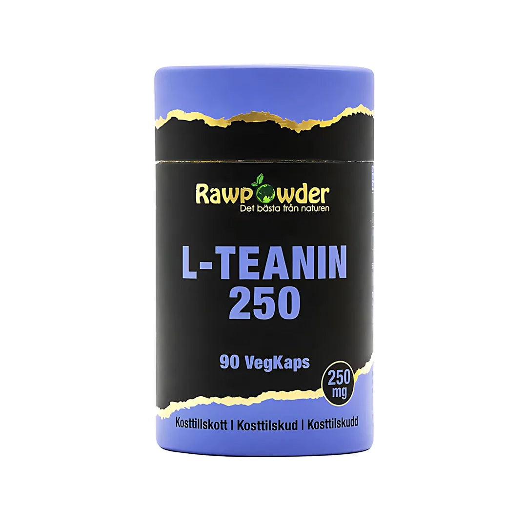 Rawpowder L-Teanin 90 caps kosttillskott i en svart burk med ljusblått lock och detaljer., bild 1 av 1