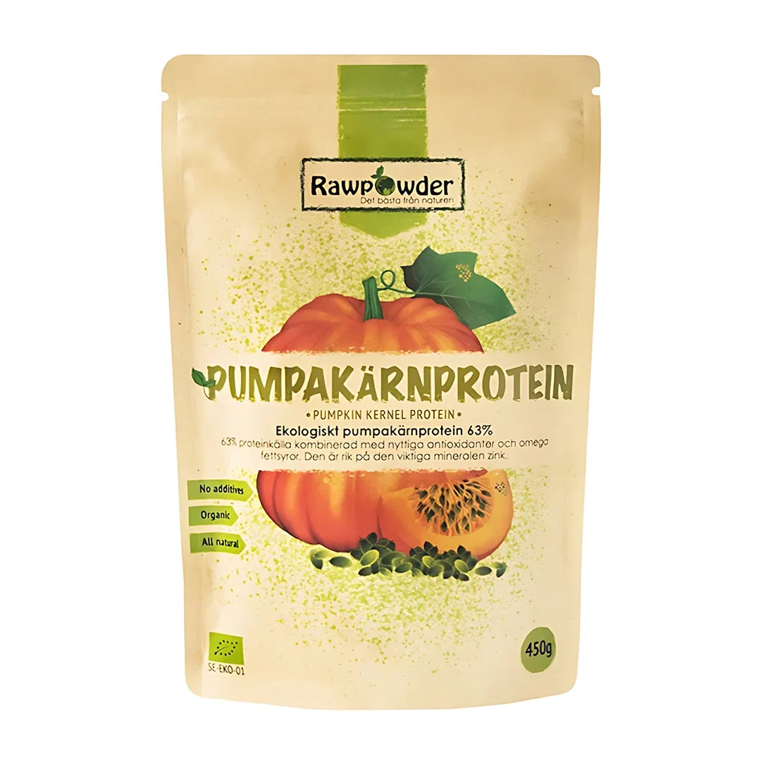 Rawpowder Pumpakärnprotein 450 g, ekologiskt proteinpulver i en beige påse med en illustration av en pumpa., bild 1 av 1