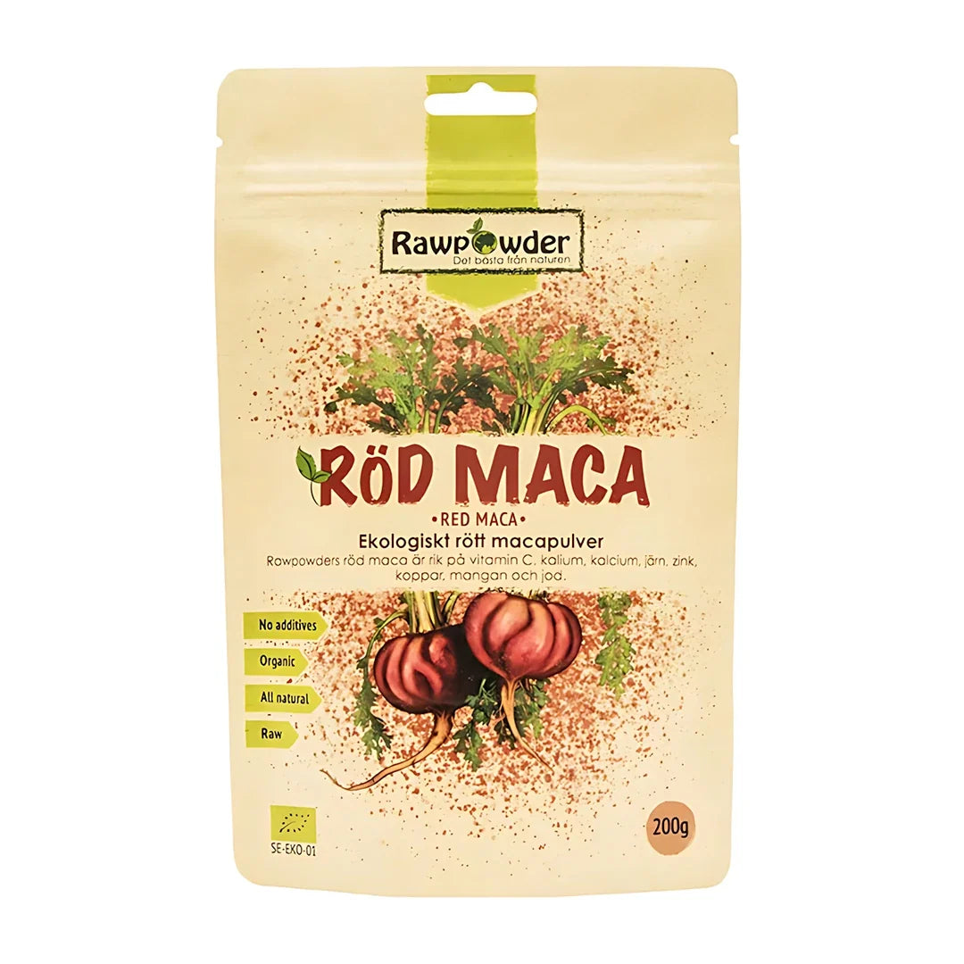 Rawpowder Röd Maca 200 g ekologiskt macapulver i en ljusgul påse med illustration av röda macarötter.