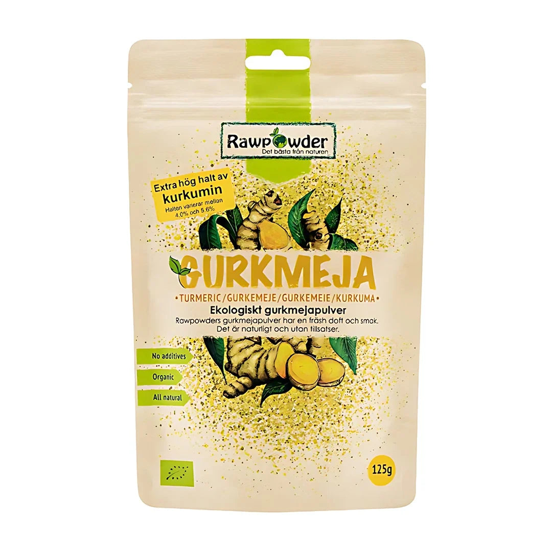Rawpowder Gurkmeja 125 g i en ljusbeige påse med gröna detaljer och illustration av gurkmejarot., bild 1 av 1