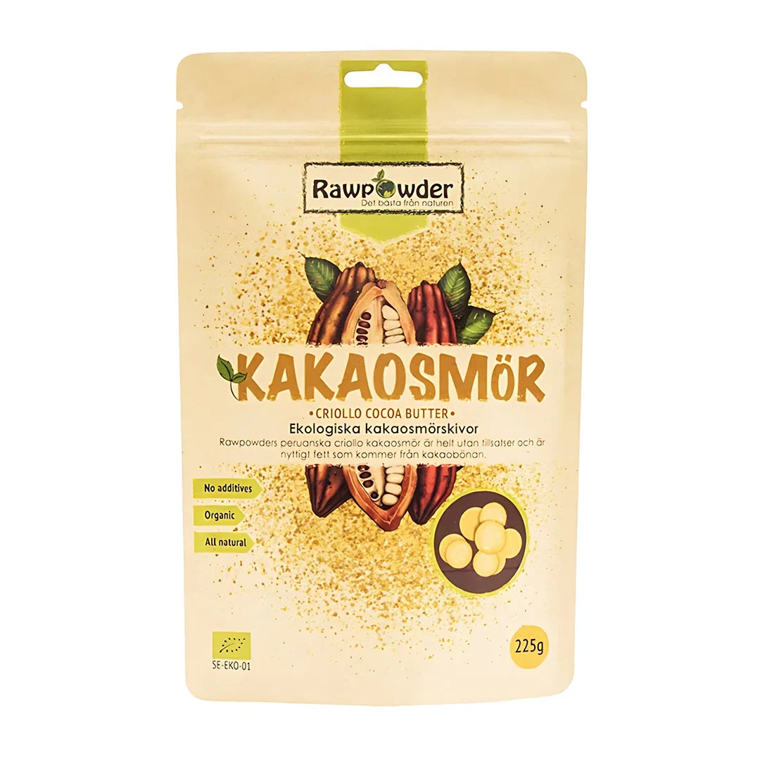 Rawpowder Kakaosmör 225 g i en beige påse med illustration av kakaofrukt och kakaosmörskivor., bild 1 av 1