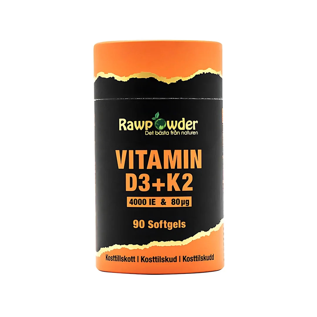 Rawpowder Vitamin D3 + K2 90 caps kosttillskott i en svart burk med orangea detaljer.