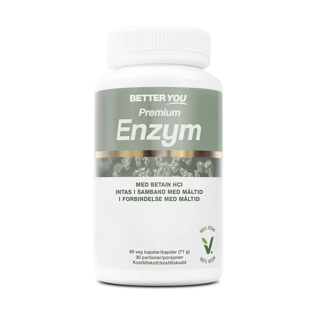 Better You Premium Enzym - 90 kaps enzymtillskott i en vit burk med grågröna och guldiga detaljer.