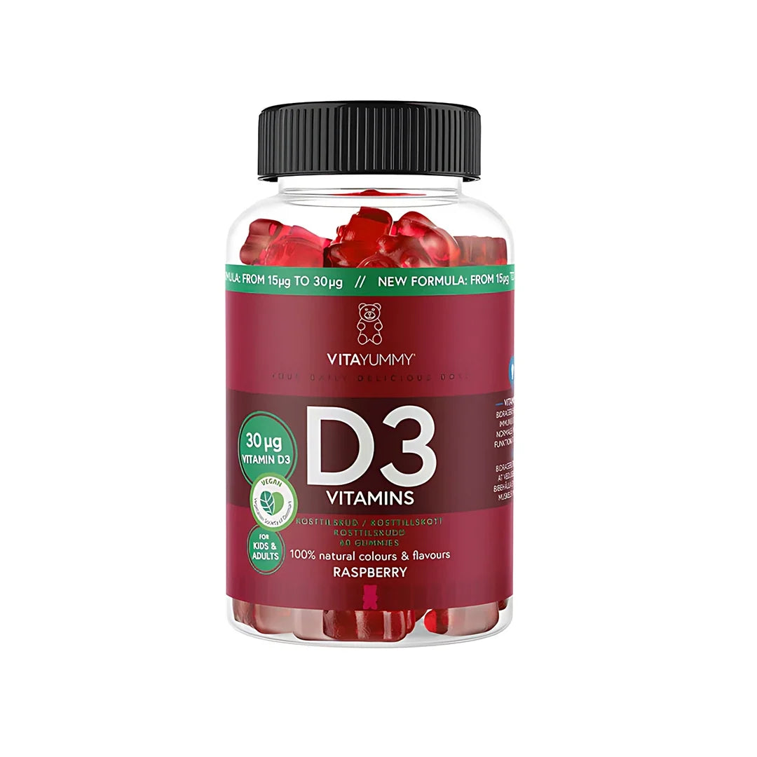 VitaYummy D3 Vitamin 60 pcs veganska gummies i en transparent burk med mörkröd etikett och svart lock., bild 1 av 1