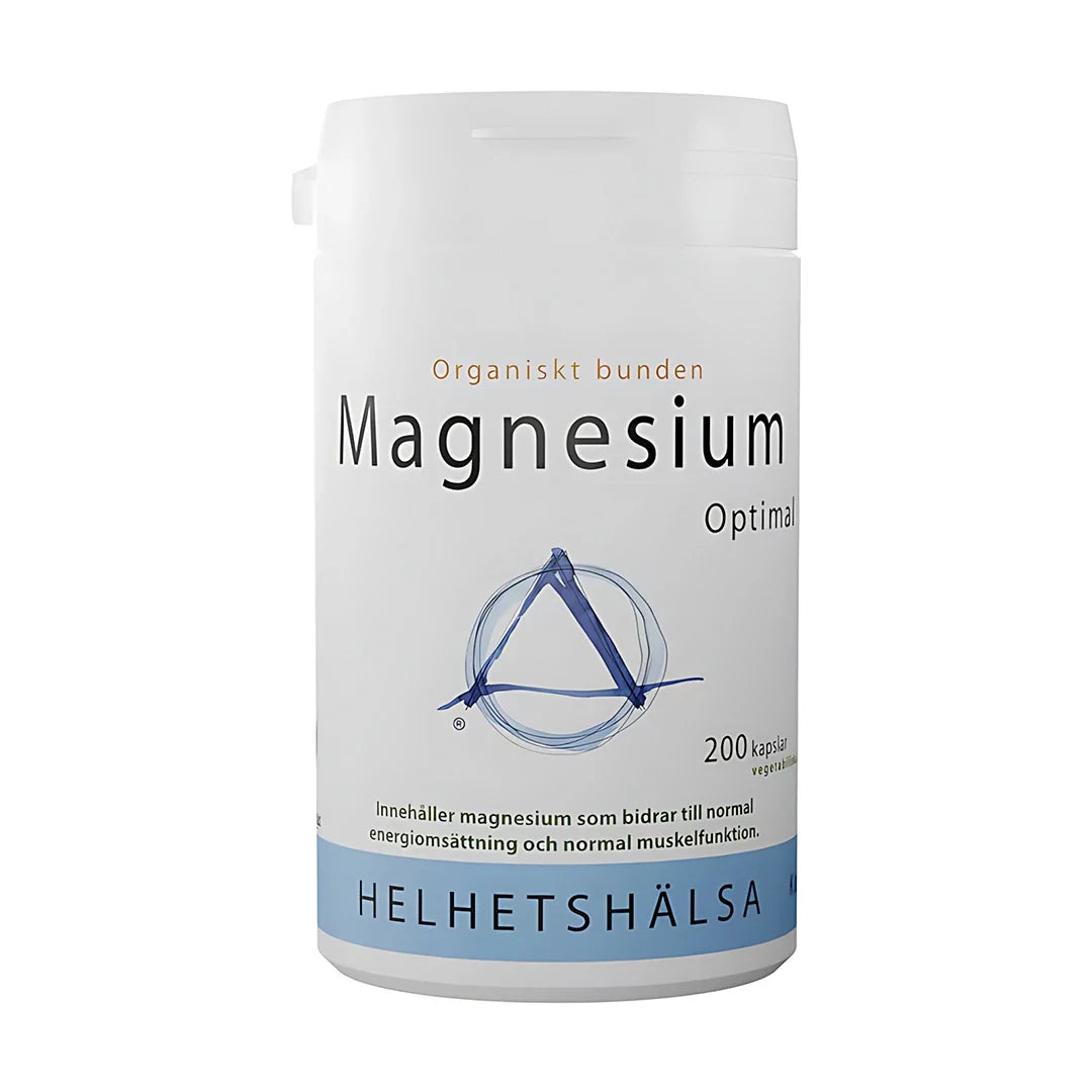 Helhetshälsa Magnesium Optimal 200 caps, ett kosttillskott förpackat i en vit plastburk med ljusblå detaljer., bild 1 av 1