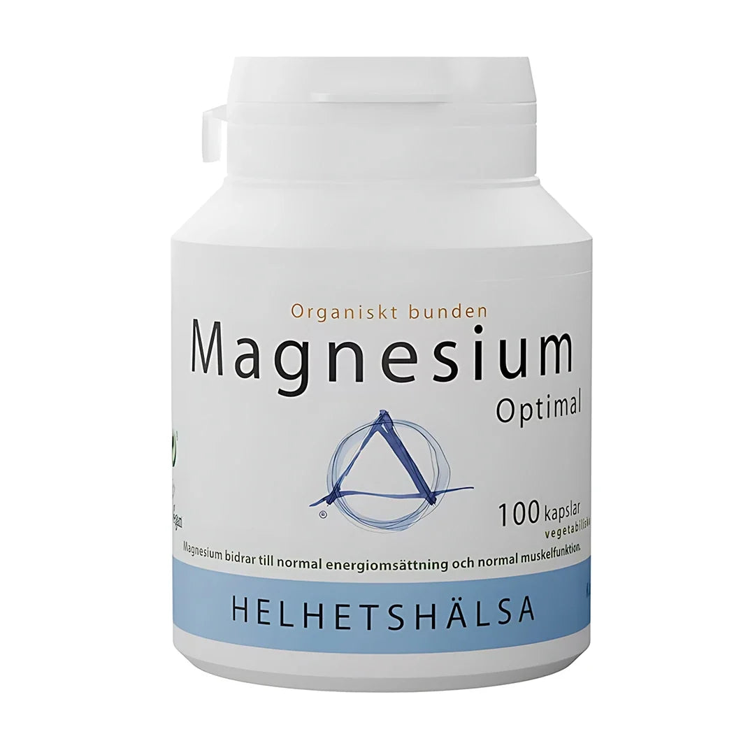 Helhetshälsa Magnesium Optimal 100 caps i en vit burk med blå detaljer, ett kosttillskott för normal muskelfunktion.