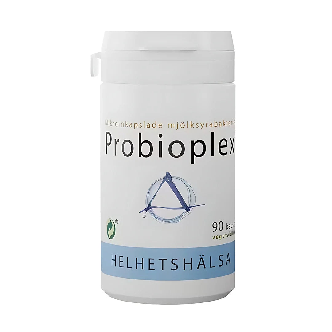 Helhetshälsa Probioplex 90 caps mjölksyrabakterier i en vit burk med ljusblå detaljer.
