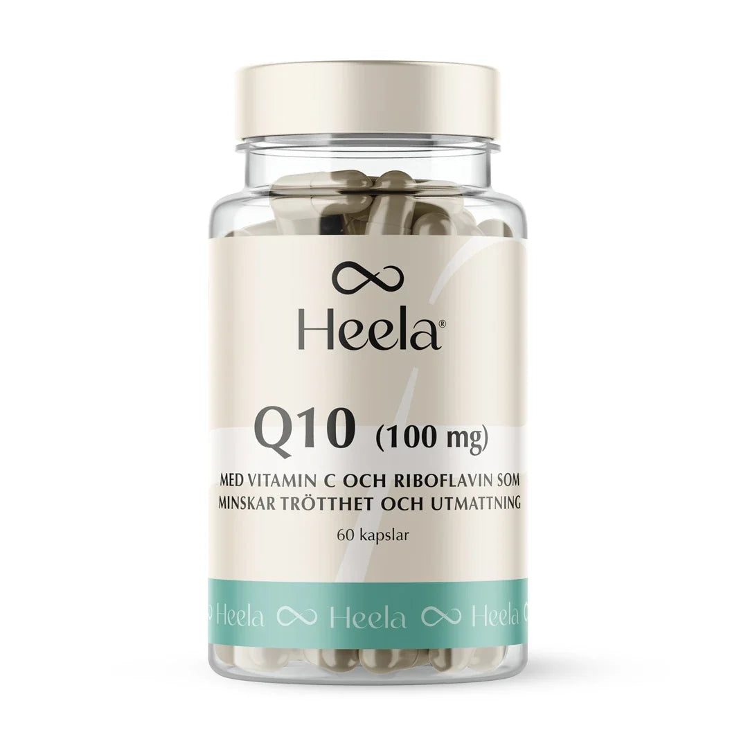 Heela Q10 - 100 mg 60 caps i en genomskinlig burk med vit etikett och turkos detalj., bild 1 av 1