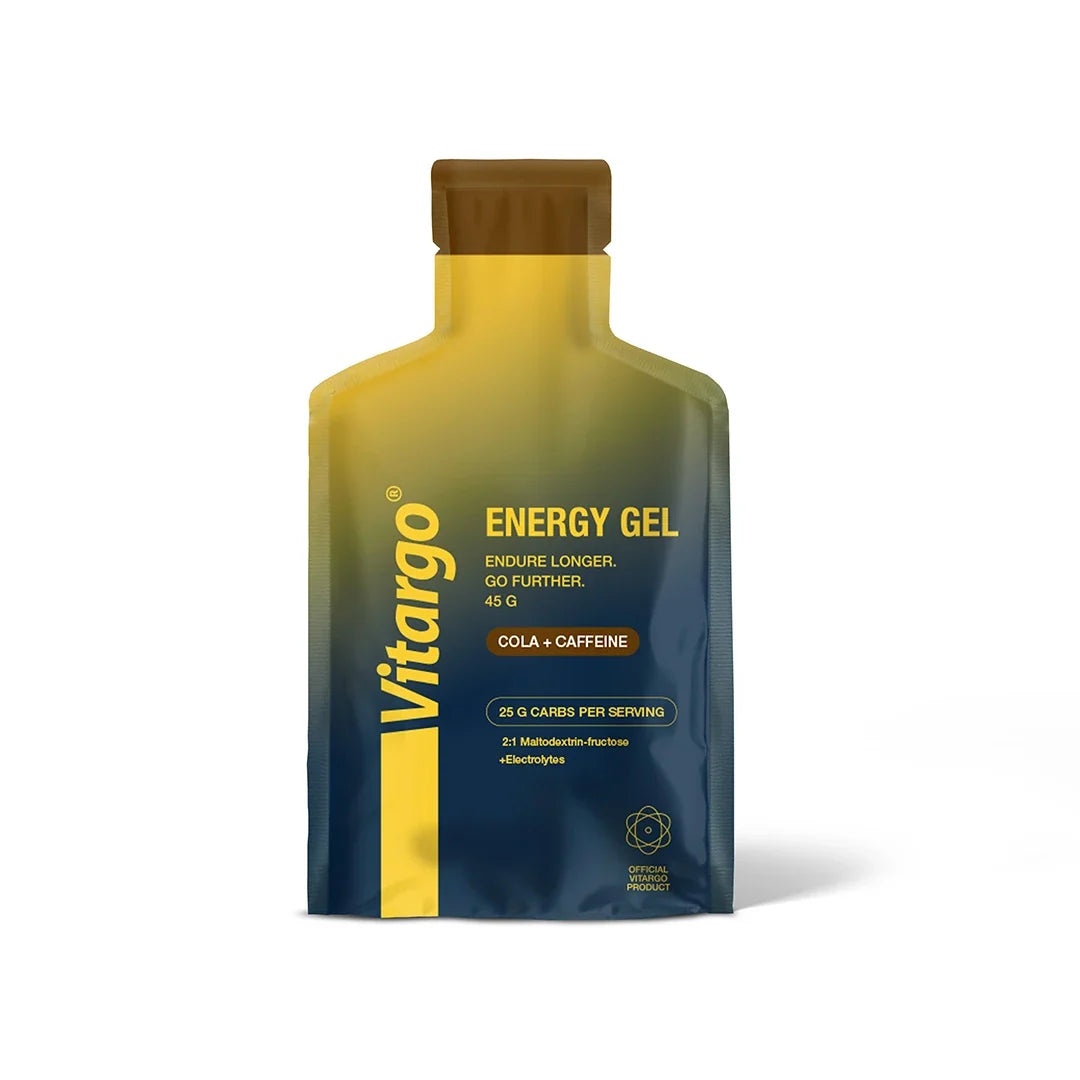 Vitargo Gels 45 g i en mörkblå och gul portionsförpackning för smaken Cola Caffeine., bild 1 av 2