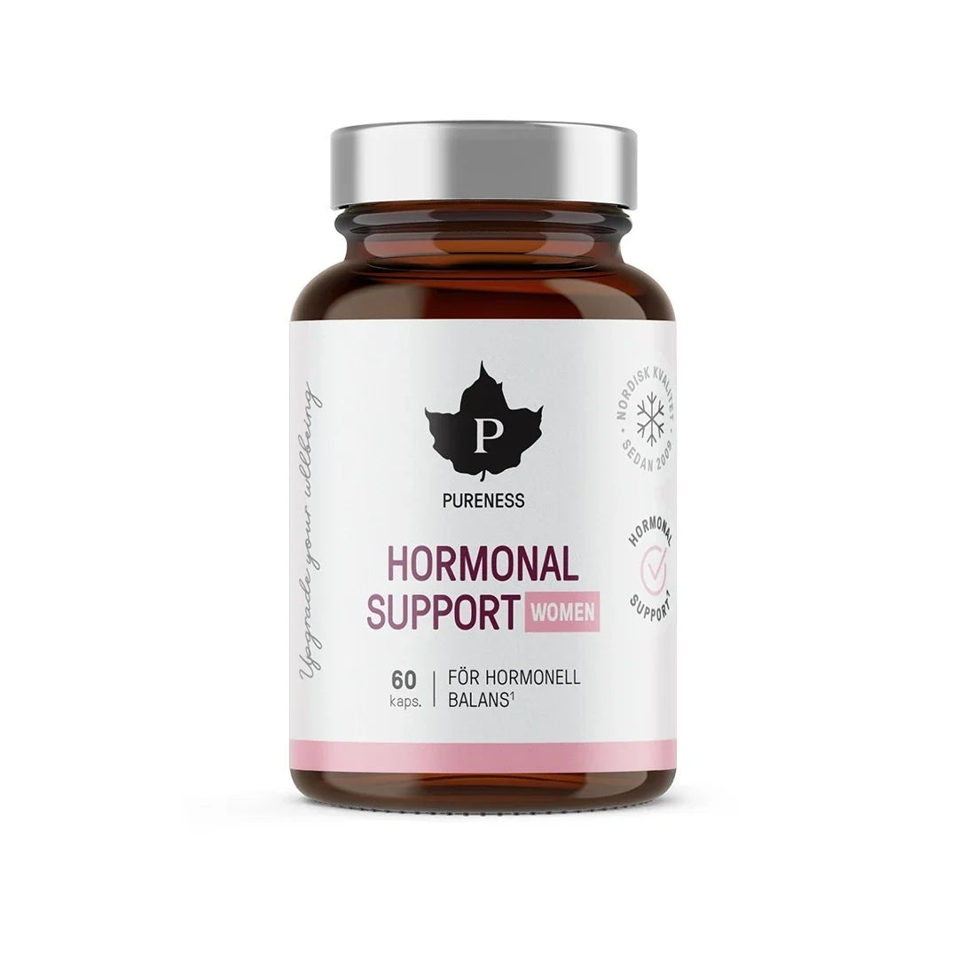 Pureness Hormonal Support Women 60 kapslar kosttillskott i en brun glasburk med vit etikett och silverfärgat lock., bild 1 av 1