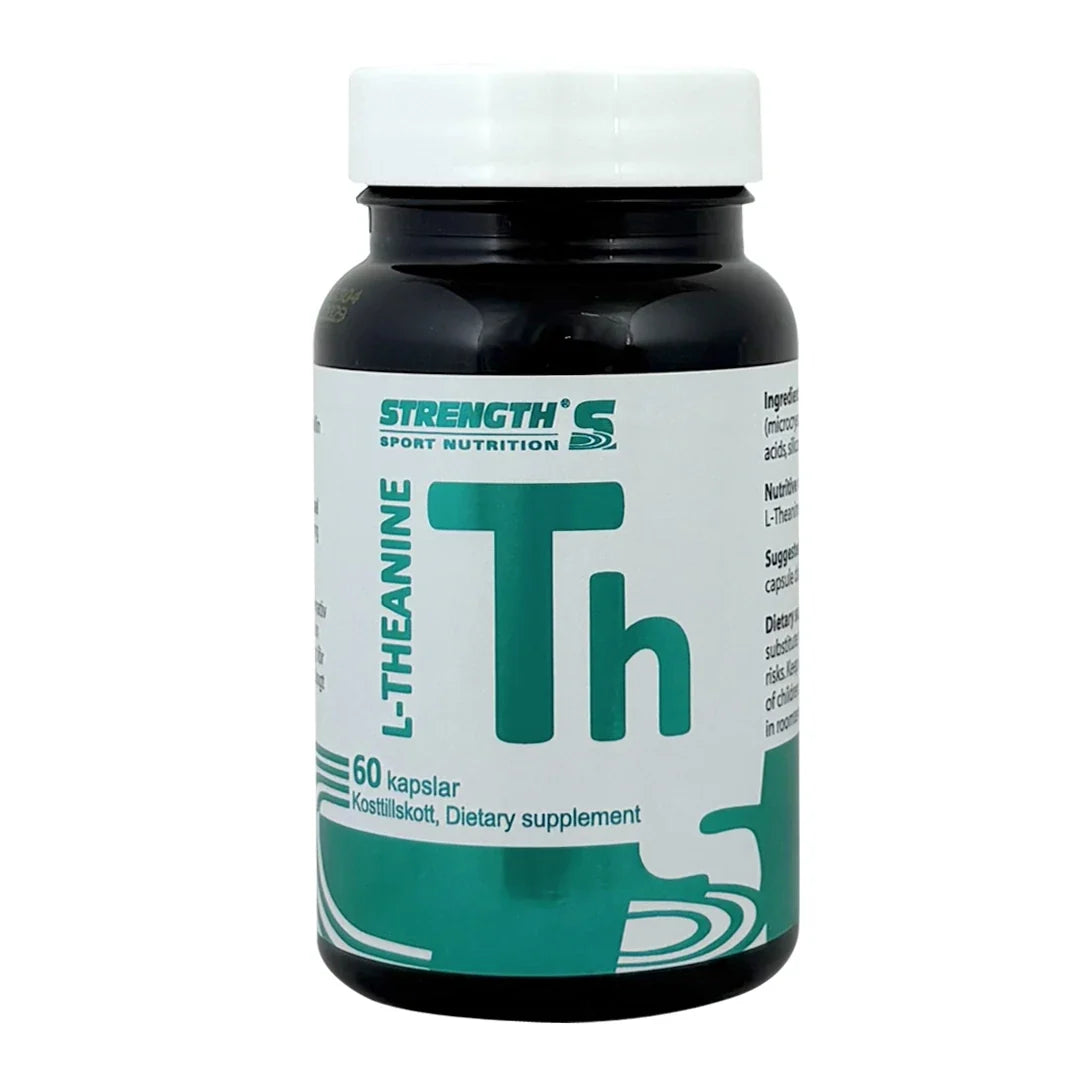 Strength Sport Nutrition L-Theanine 60 caps kosttillskott i en svart burk med vit kork och grön etikett., bild 1 av 1