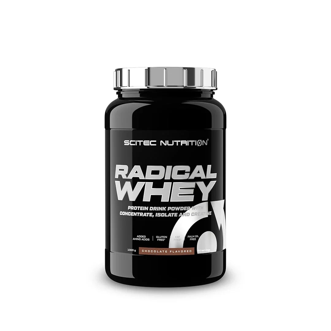 Scitec Nutrition Radical Whey 1 kg proteinpulver med smaken Chocolate i en svart burk med silvrigt lock., bild 1 av 1