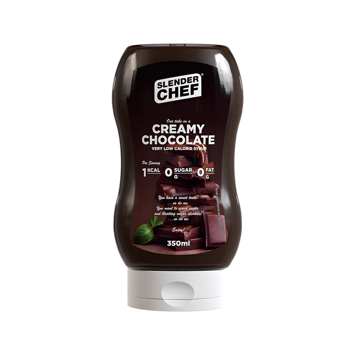 Slender Chef Sweet Sauce 350 ml i en mörk klämflaska med vitt lock och smaken Creamy Chocolate., bild 1 av 7