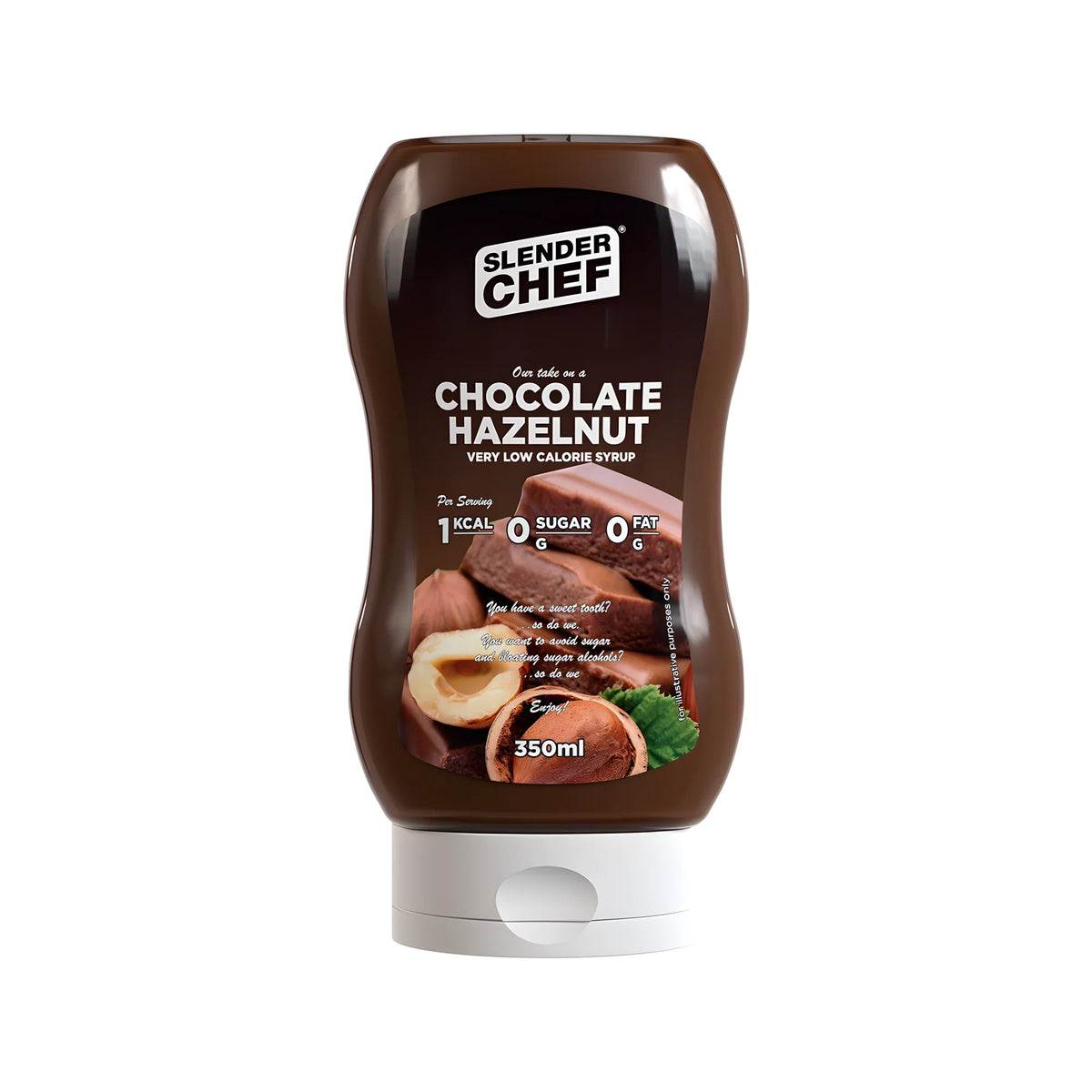 Slender Chef Sweet Sauce 350 ml i smaken Chocolate Hazelnut i en brun klämflaska med vitt lock och illustration av choklad och hasselnötter., bild 4 av 7