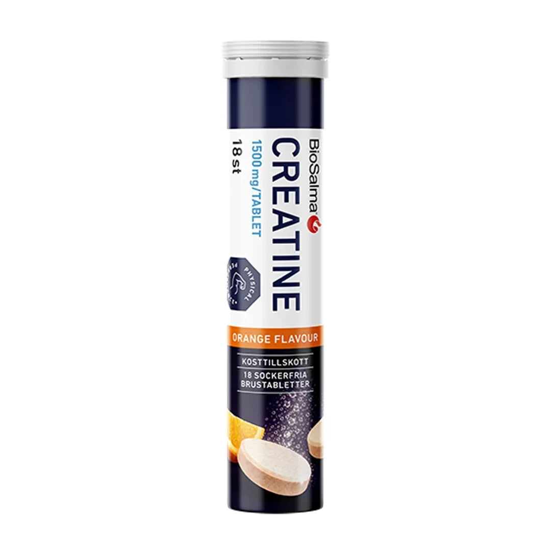 BioSalma Effervescent Creatine 1500 mg Orange brustabletter i ett vitt och mörkblått rör med orange detaljer., bild 1 av 1