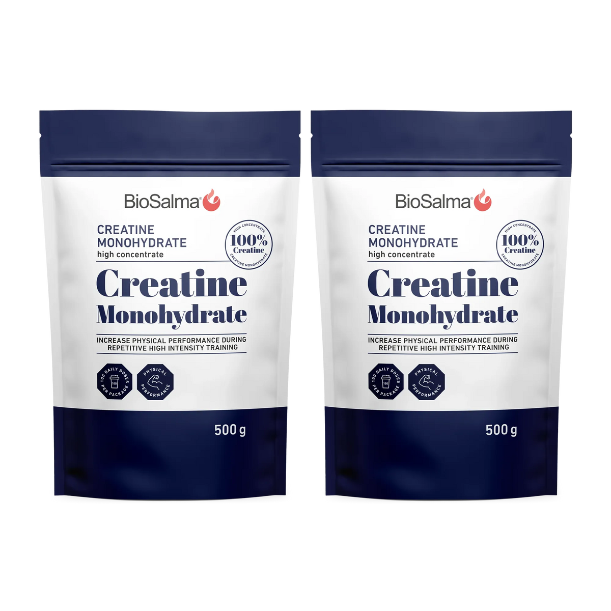 2 x BioSalma Creatine Monohydrat 500 g pulver i två vita och marinblå påsar., bild 1 av 1