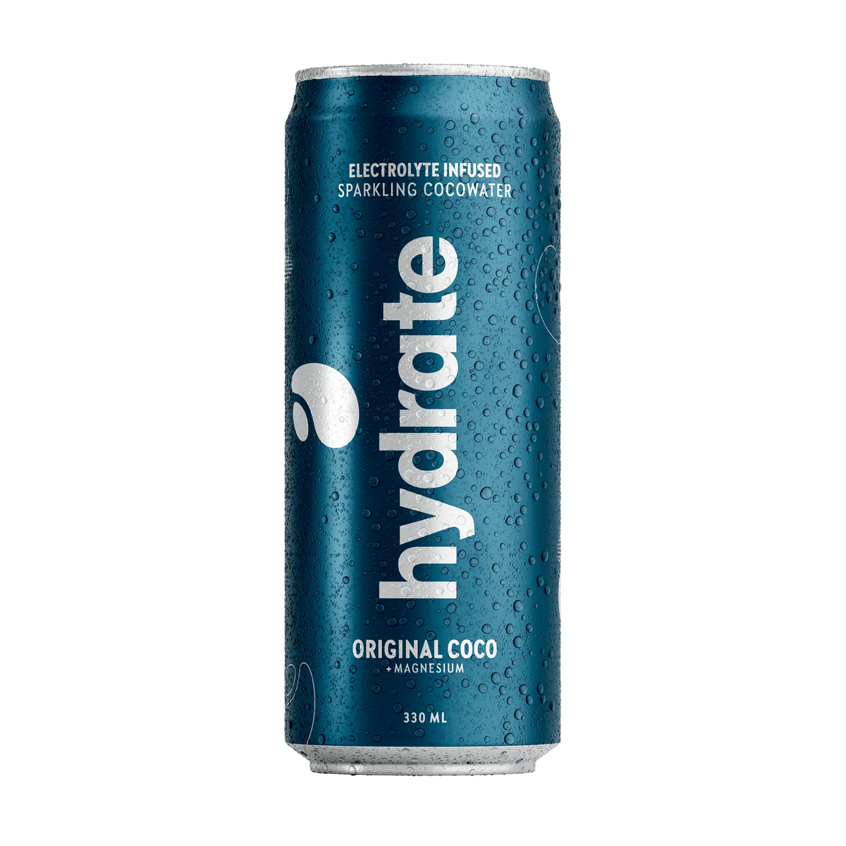 Hydrate 330 ml kokosvatten i en mörkblå metallburk med vattendroppar för smaken Original Coco., bild 1 av 3