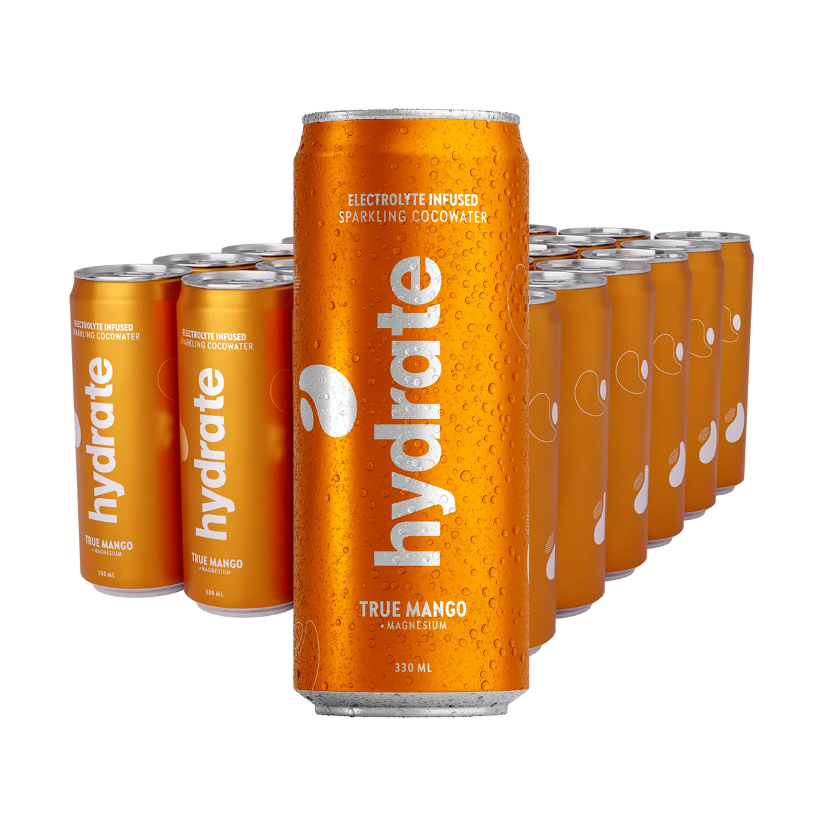 24 x Hydrate 330 ml True Mango i ett flak med orangea burkar täckta av kondens och silvrig text.