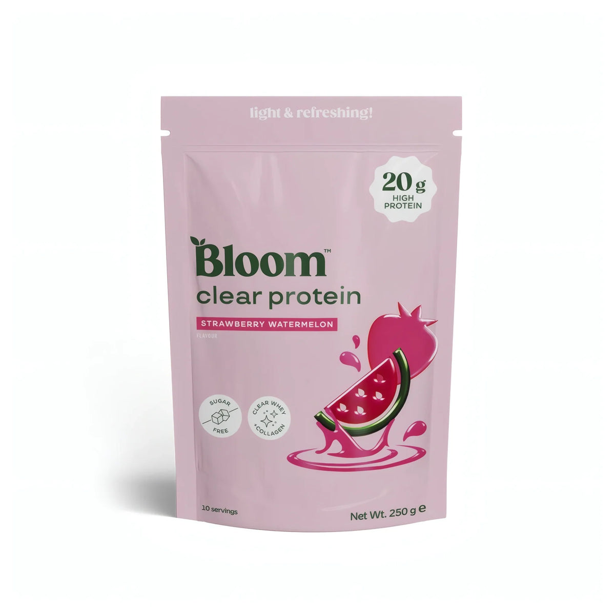 Bloom Clear Protein Collagen 250 g proteinpulver i en rosa påse för smaken Strawberry Watermelon., bild 2 av 2