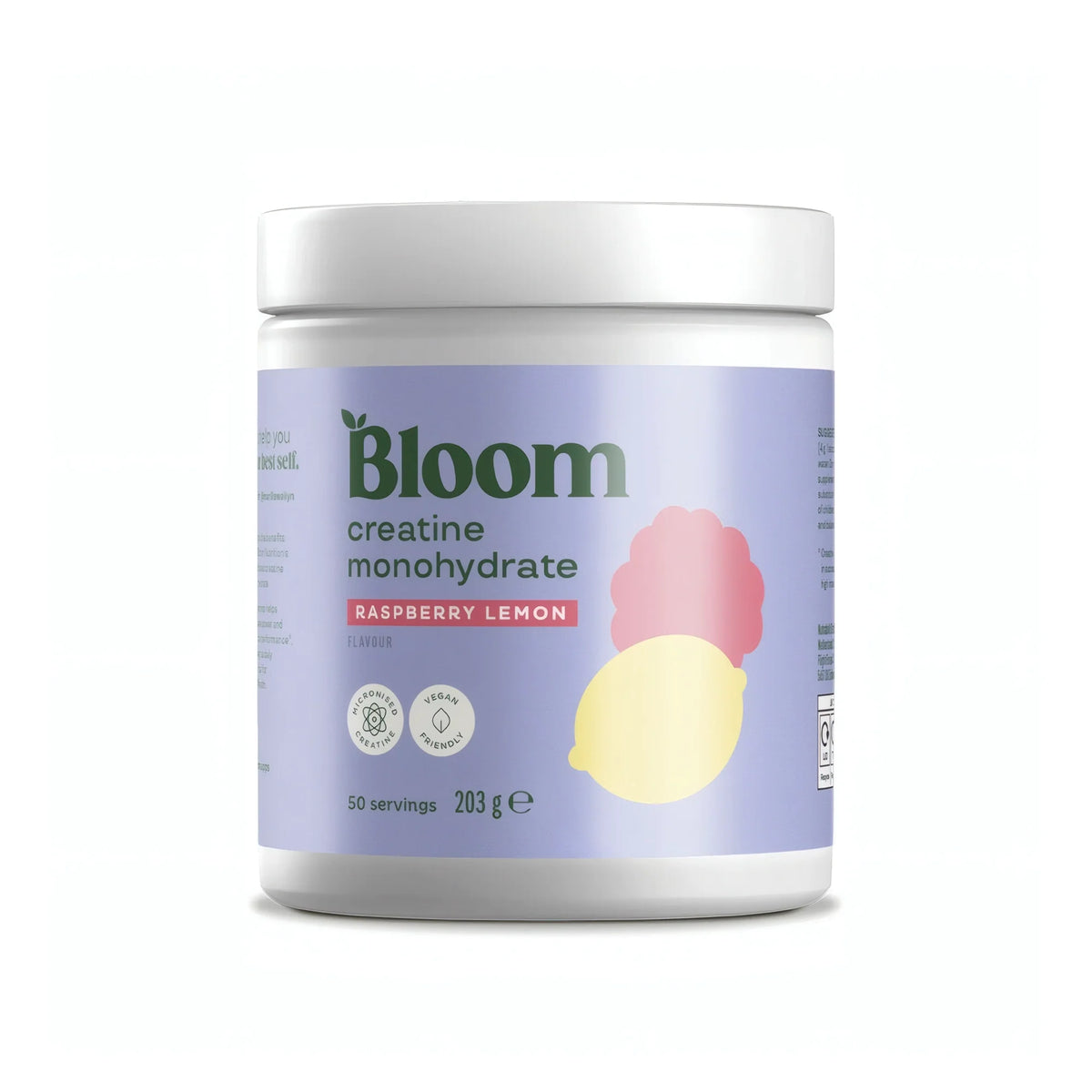 Bloom Creatine 203 g kreatinpulver i en vit burk med ljuslila etikett för smaken Raspberry Lemon.