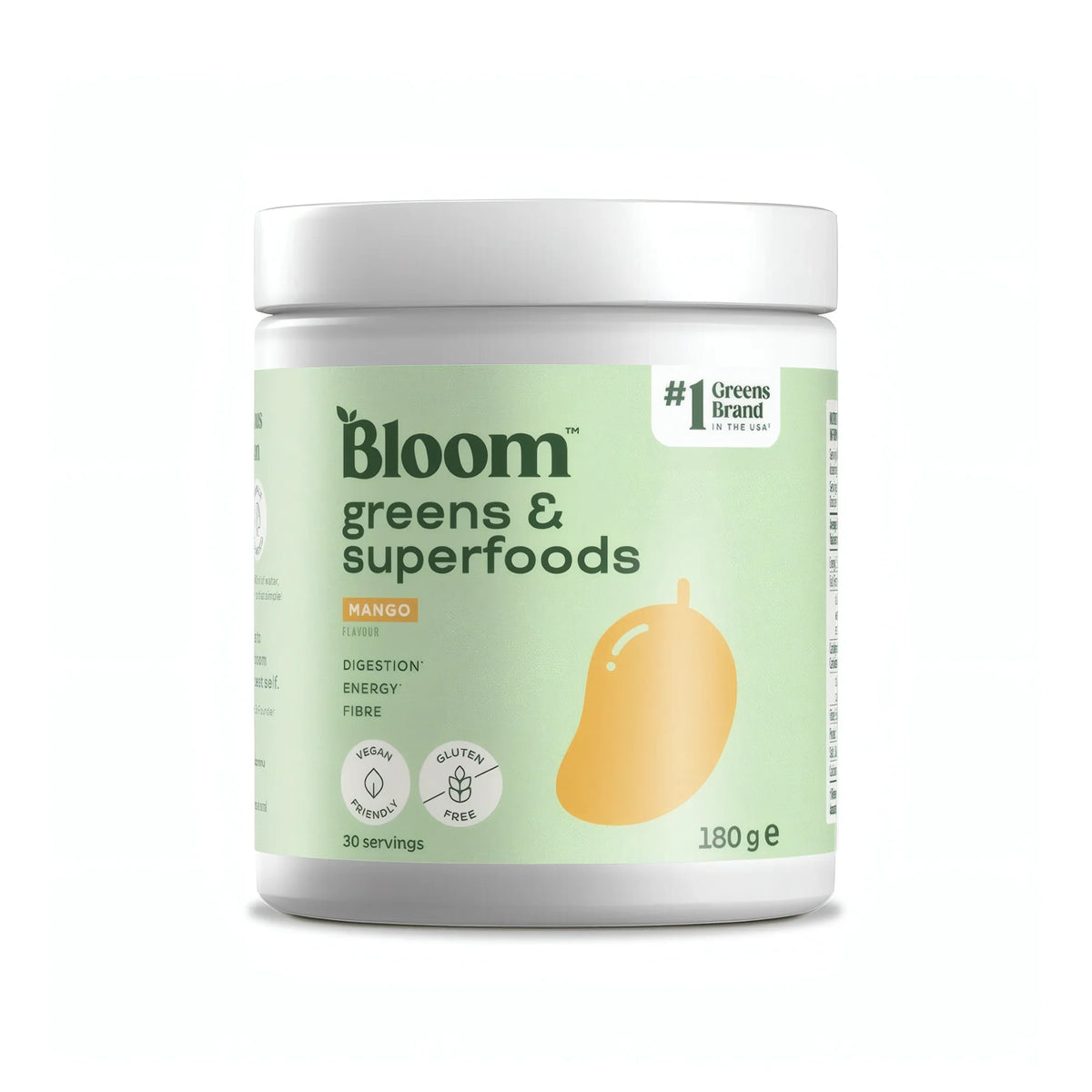 Bloom Greens 180 g greenspulver i en vit burk med ljusgrön etikett för smaken Mango.