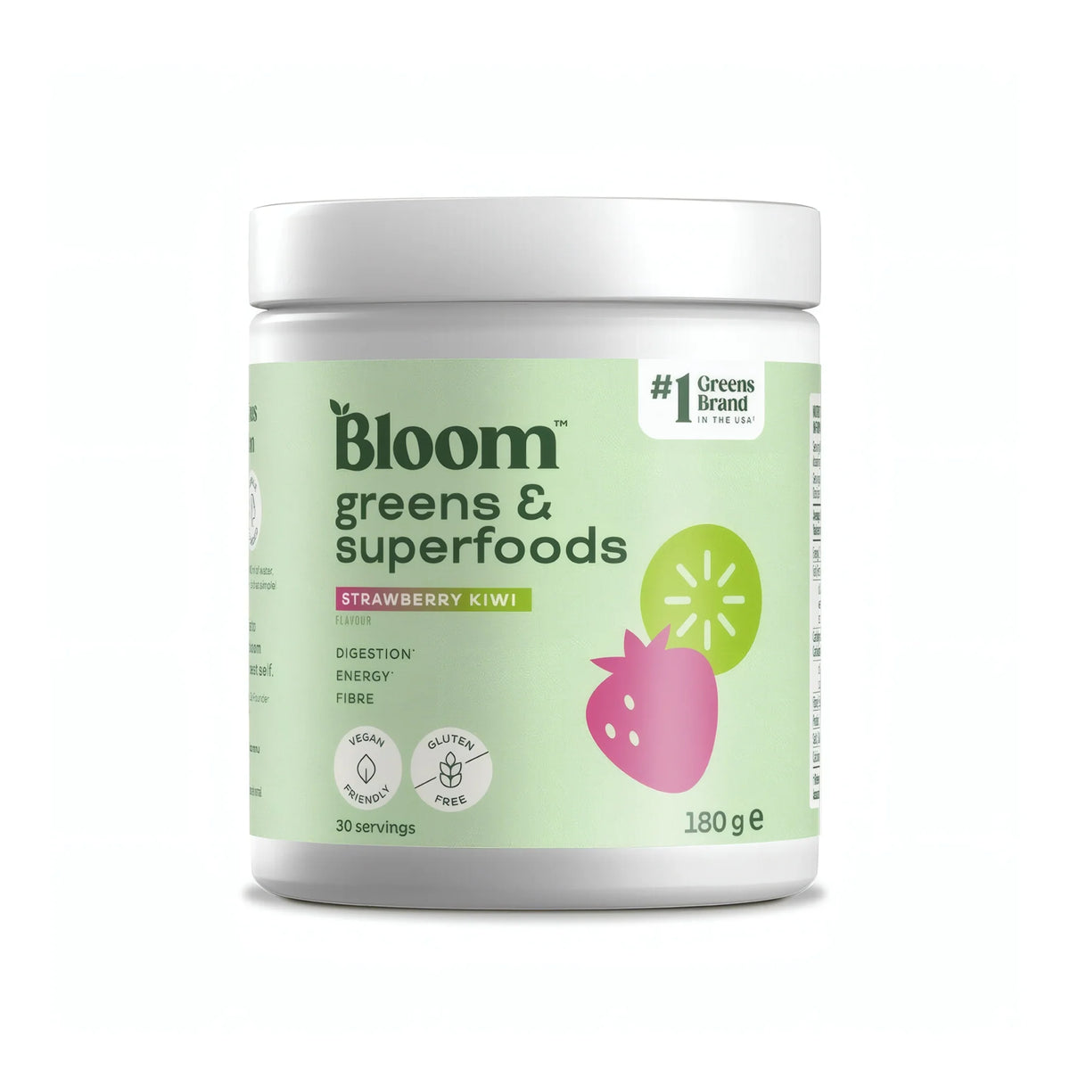 Bloom Greens 180 g greenspulver i en vit burk med ljusgrön etikett för smaken Strawberry Kiwi., bild 2 av 4