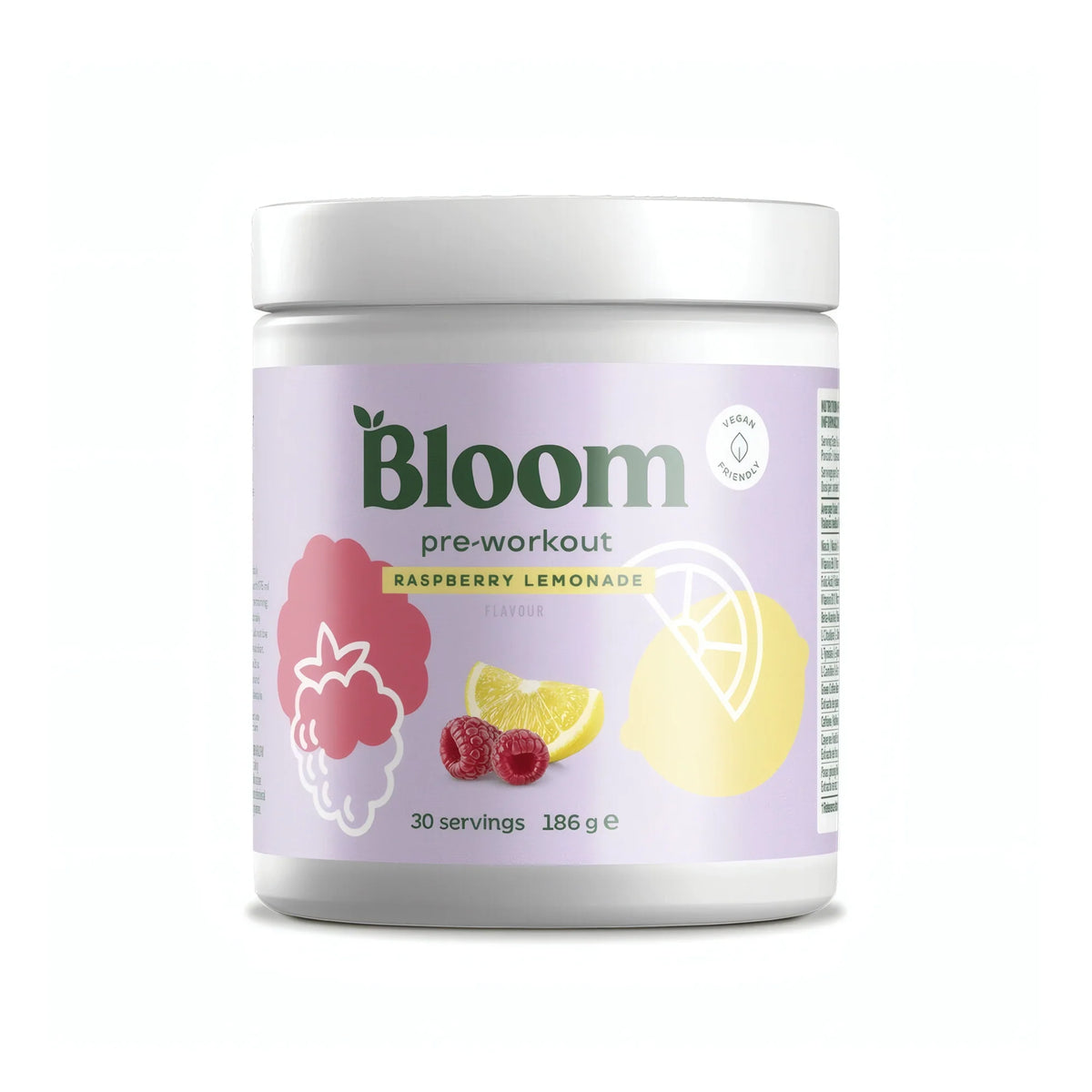 Bloom PWO 180 g pre-workout i en vit burk med ljuslila etikett för smaken Raspberry Lemonade.