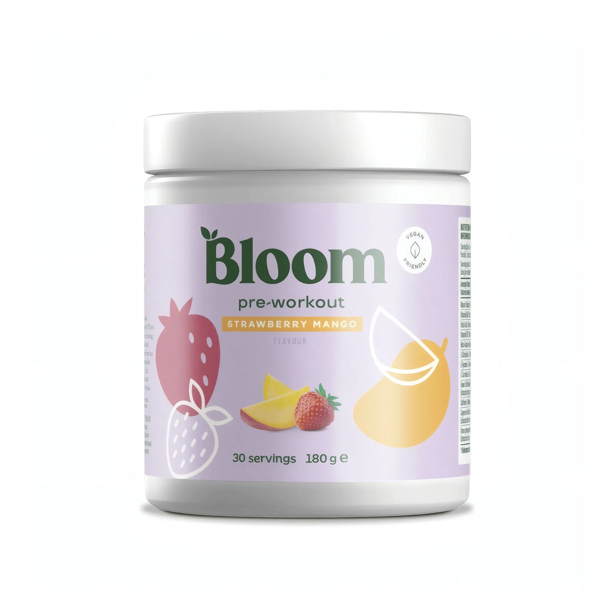 Bloom PWO 180 g pre-workout i en vit burk med ljuslila etikett för smaken Strawberry Mango.