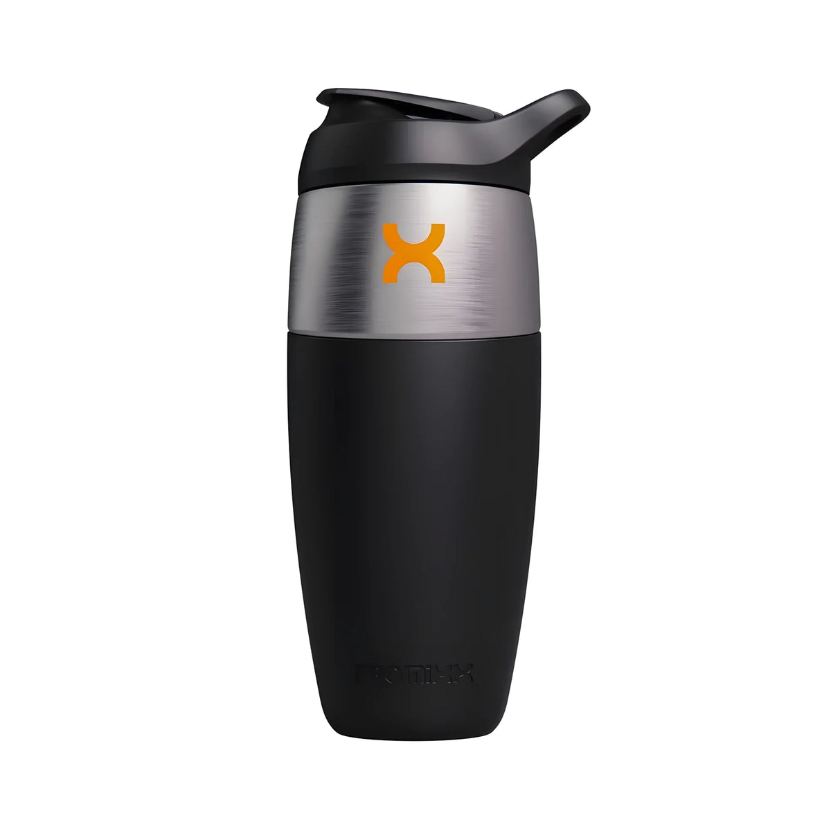 ProMixx Pursuit Single Wall Steel 950 ml är en shaker i rostfritt stål med svart silikonfront och orange logotyp., bild 4 av 6